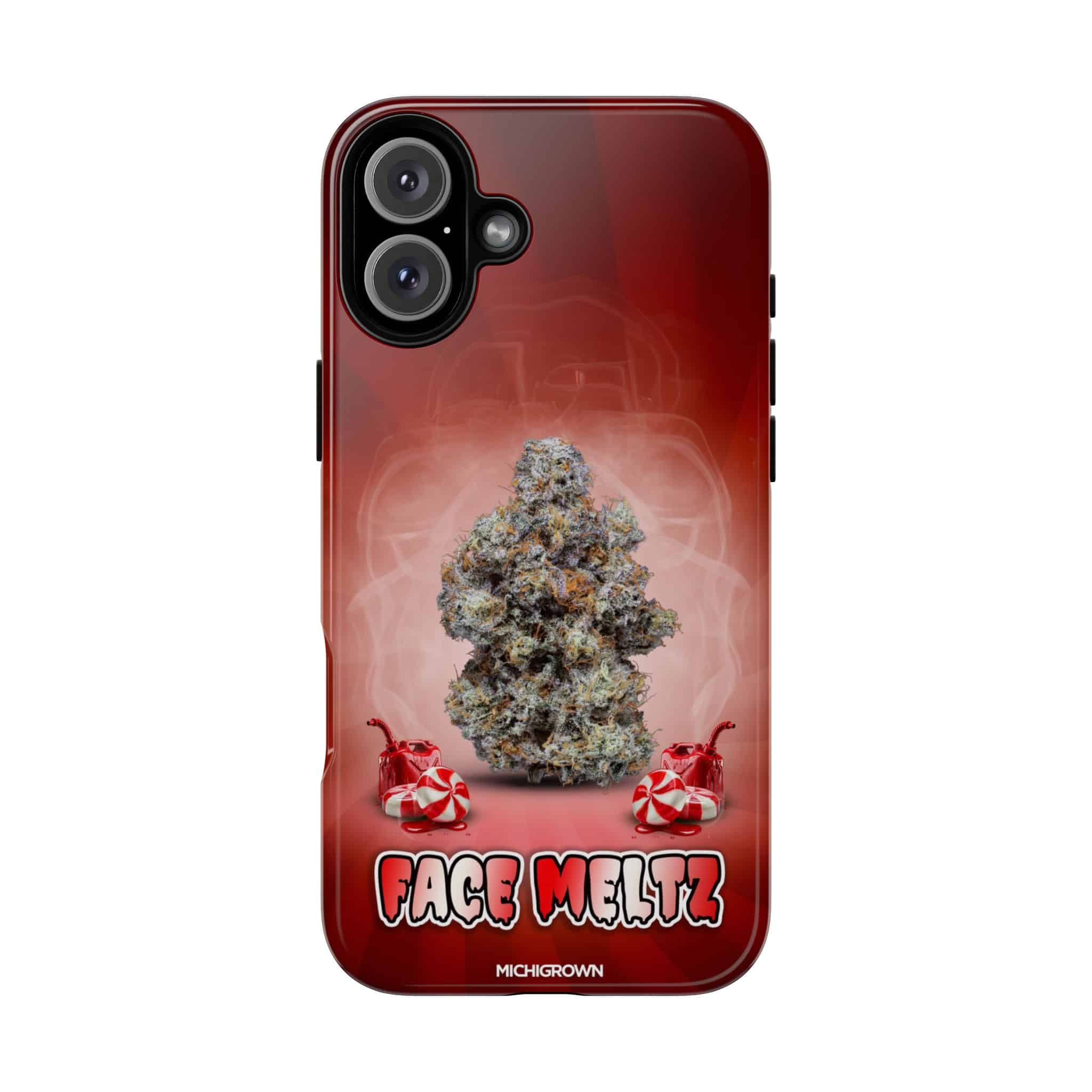 Red phone case with cannabis bud and Face Meltz logo design.