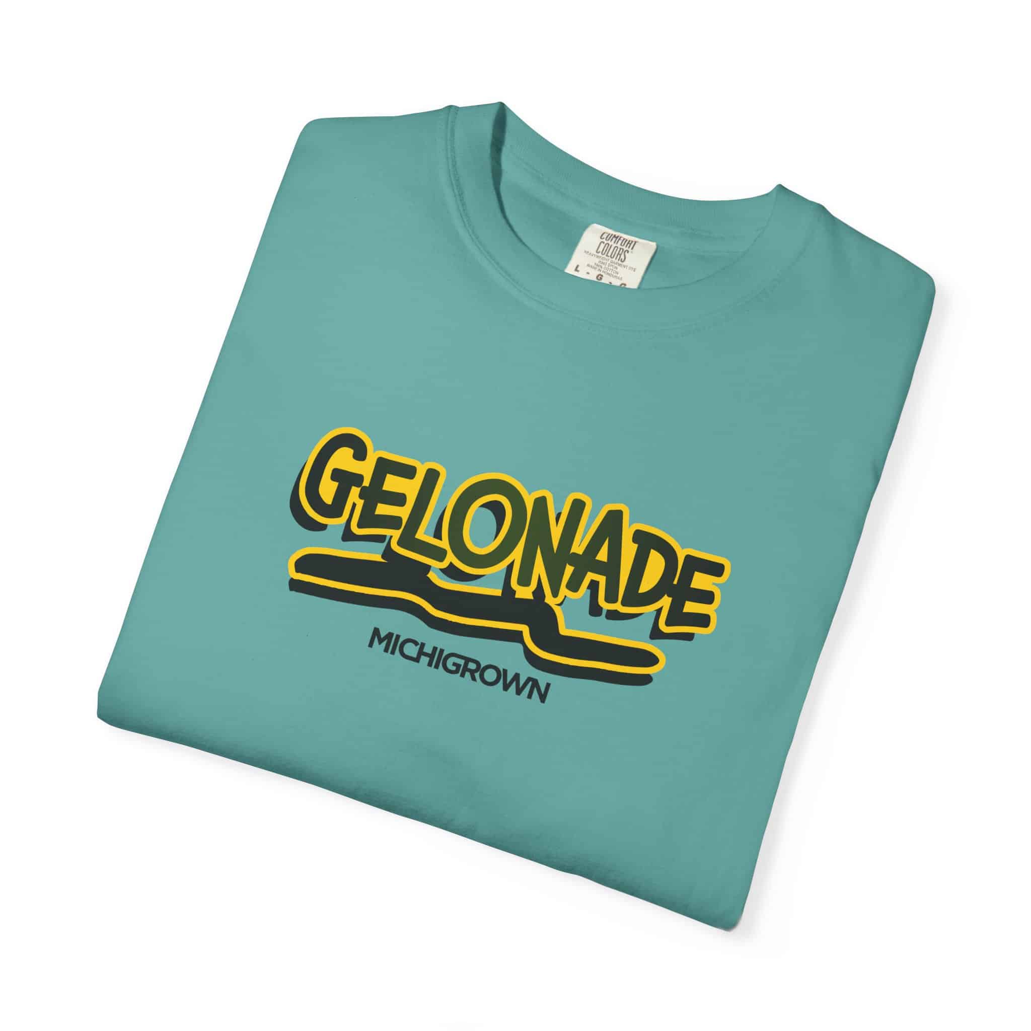 Light blue Gelonade T-shirt with black and yellow logo from Michigrown.