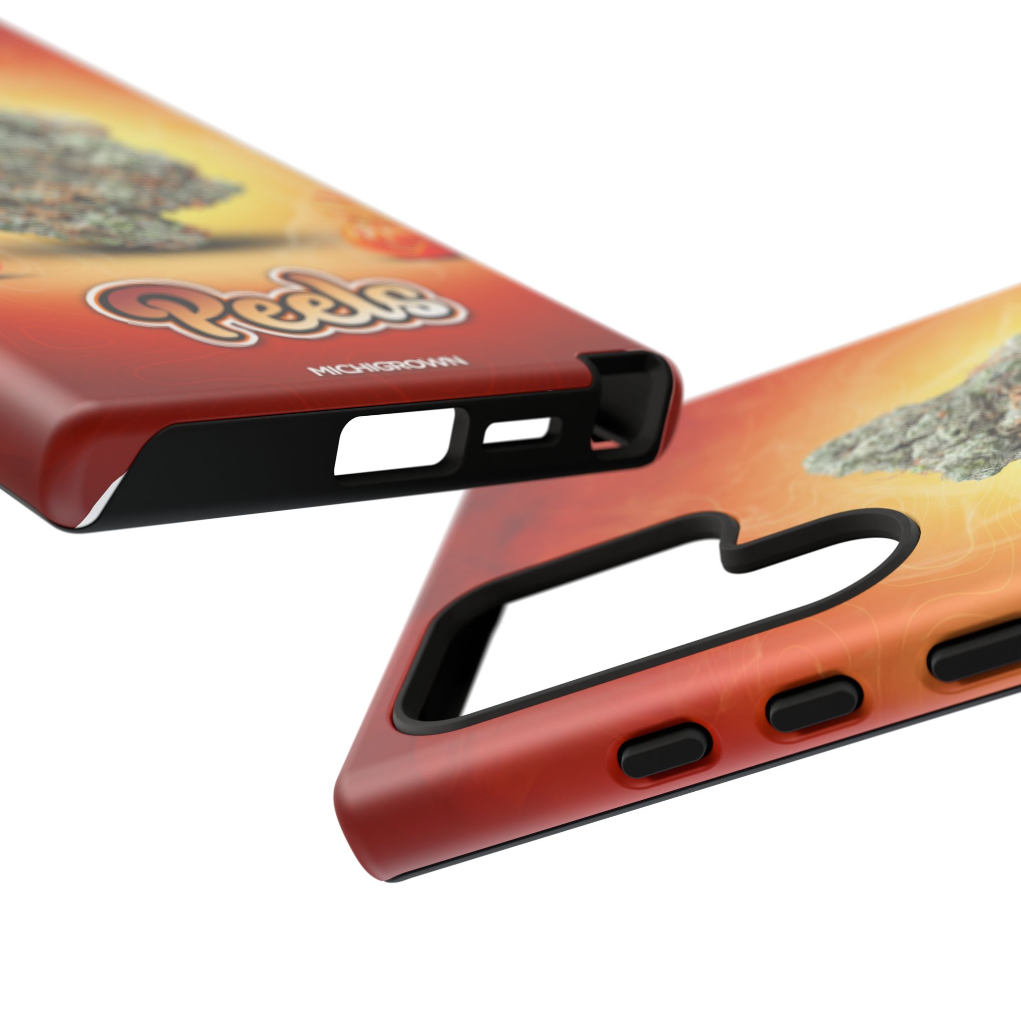 Red PEELS phone case with graphic design and black bumper for iPhone.