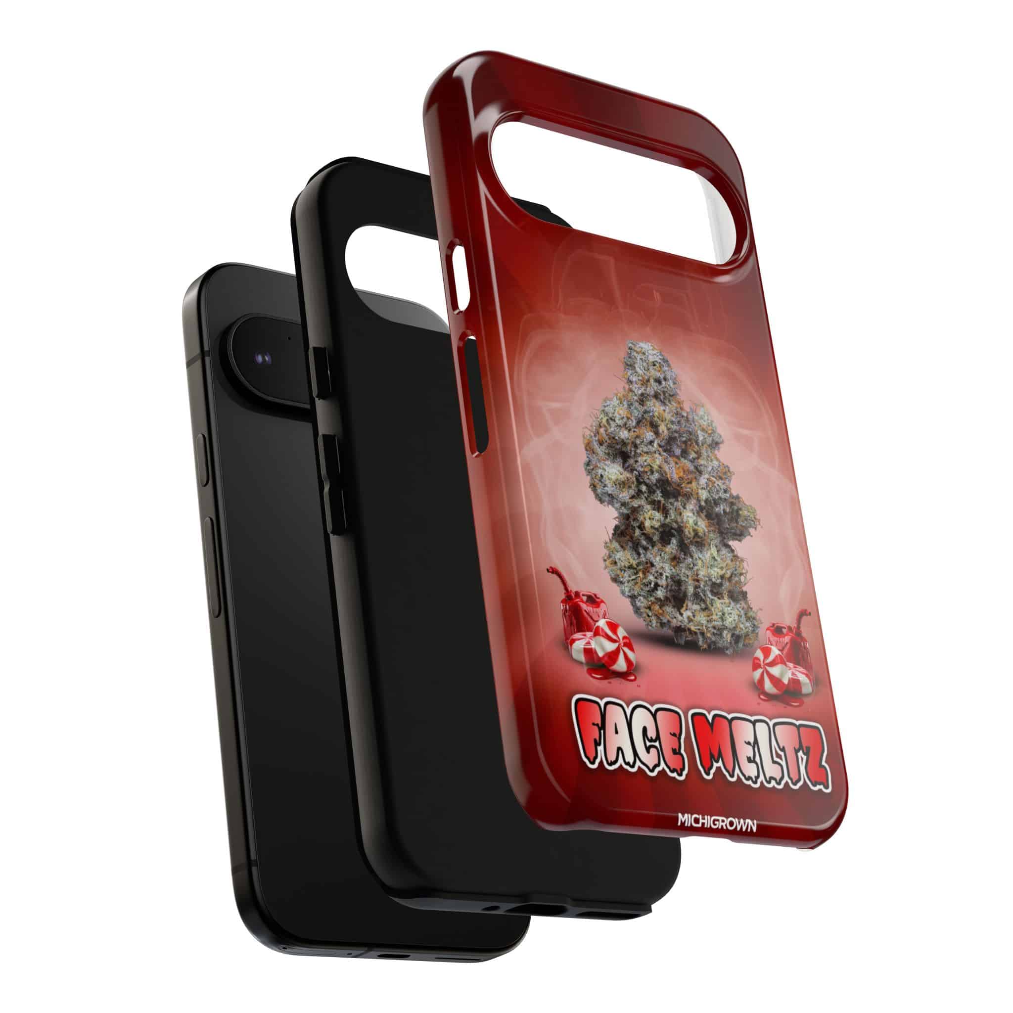 Red cannabis-themed phone case with.
