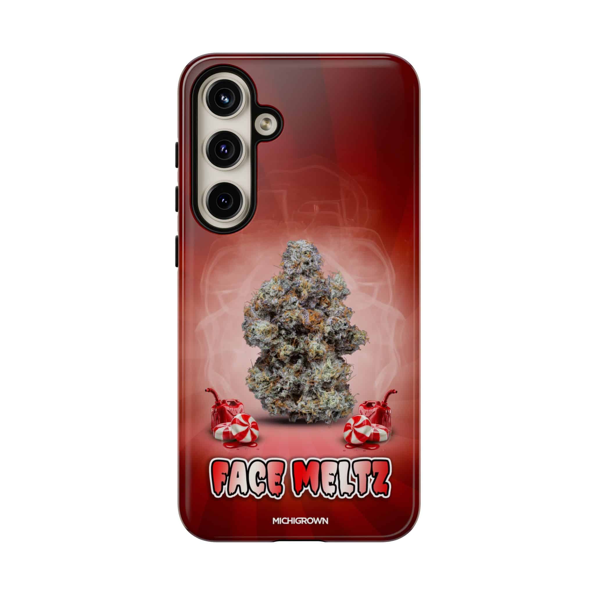 Red phone case with cannabis bud and Face Meltz logo.