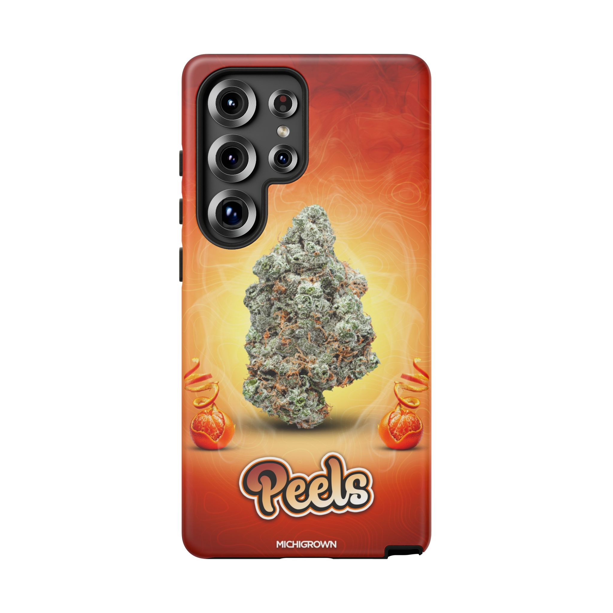 Phone case featuring cannabis bud and fiery background for PEELS PHONE CASE.