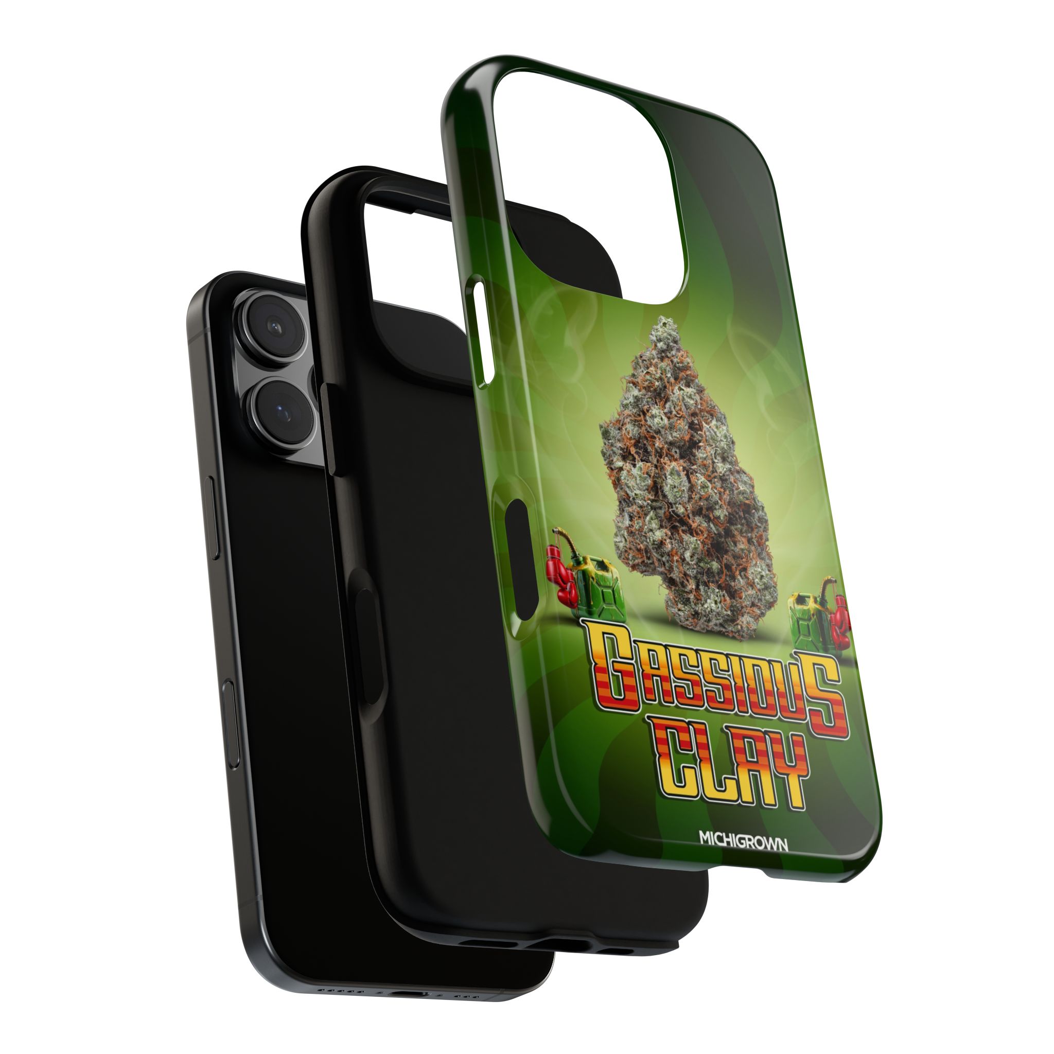 Green phone case with cannabis bud design and GASSIOUS CLAY logo.