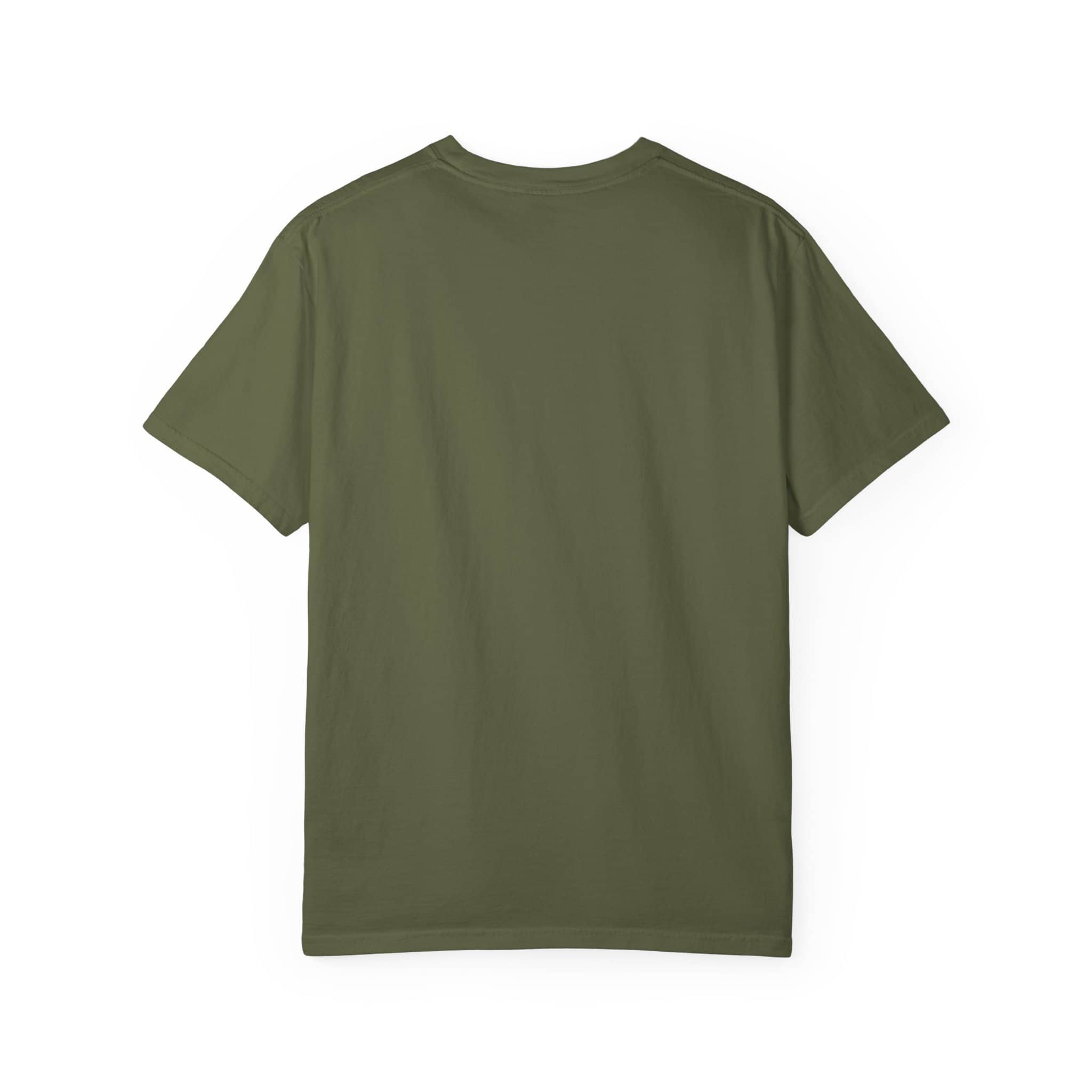 Plain olive green T-shirt with round neck and short sleeves.
