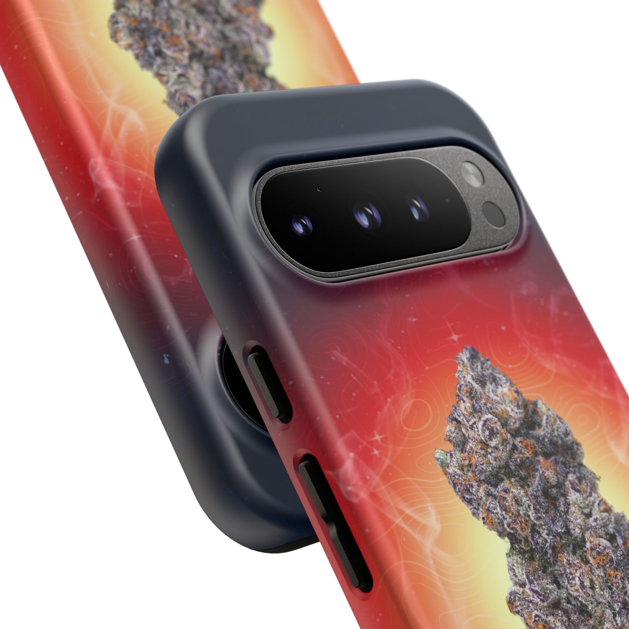 Phone case with cannabis and cosmic design for iPhone.