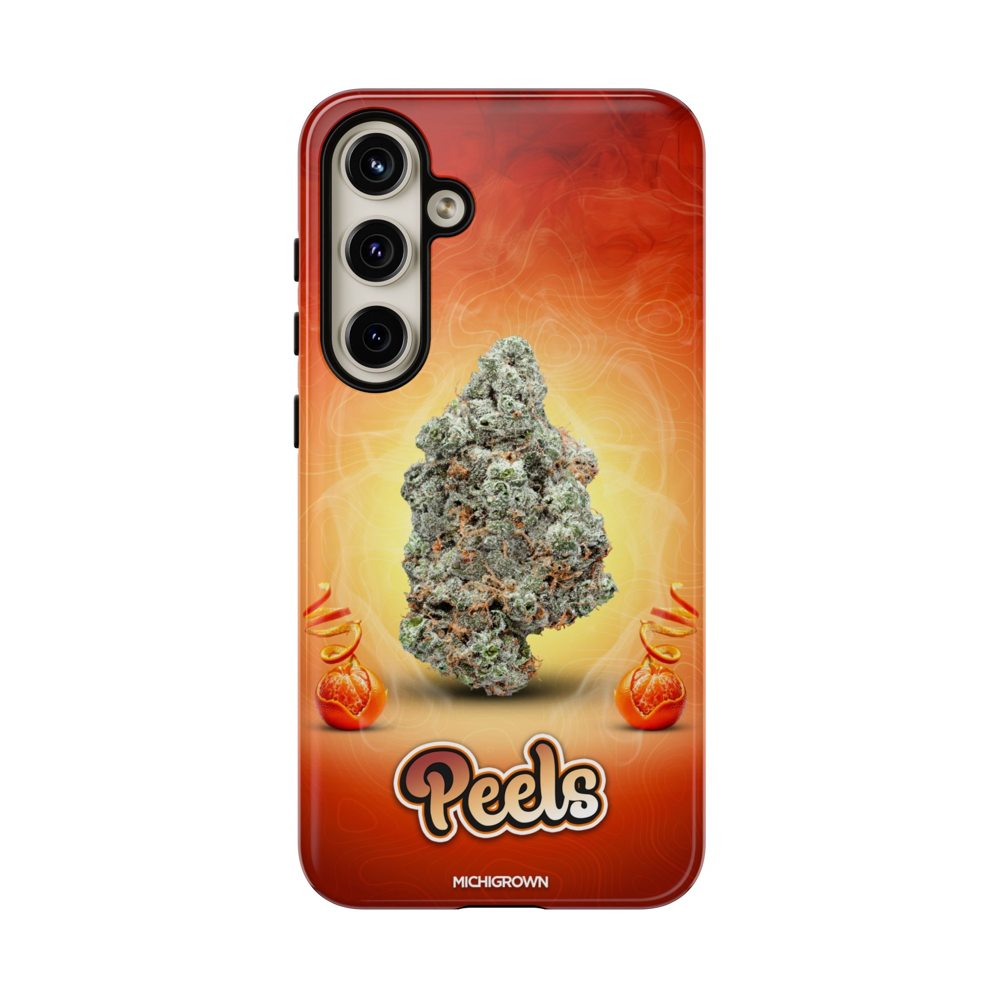 Phone case with cannabis bud design and PEELS logo for Michigan cannabis culture.