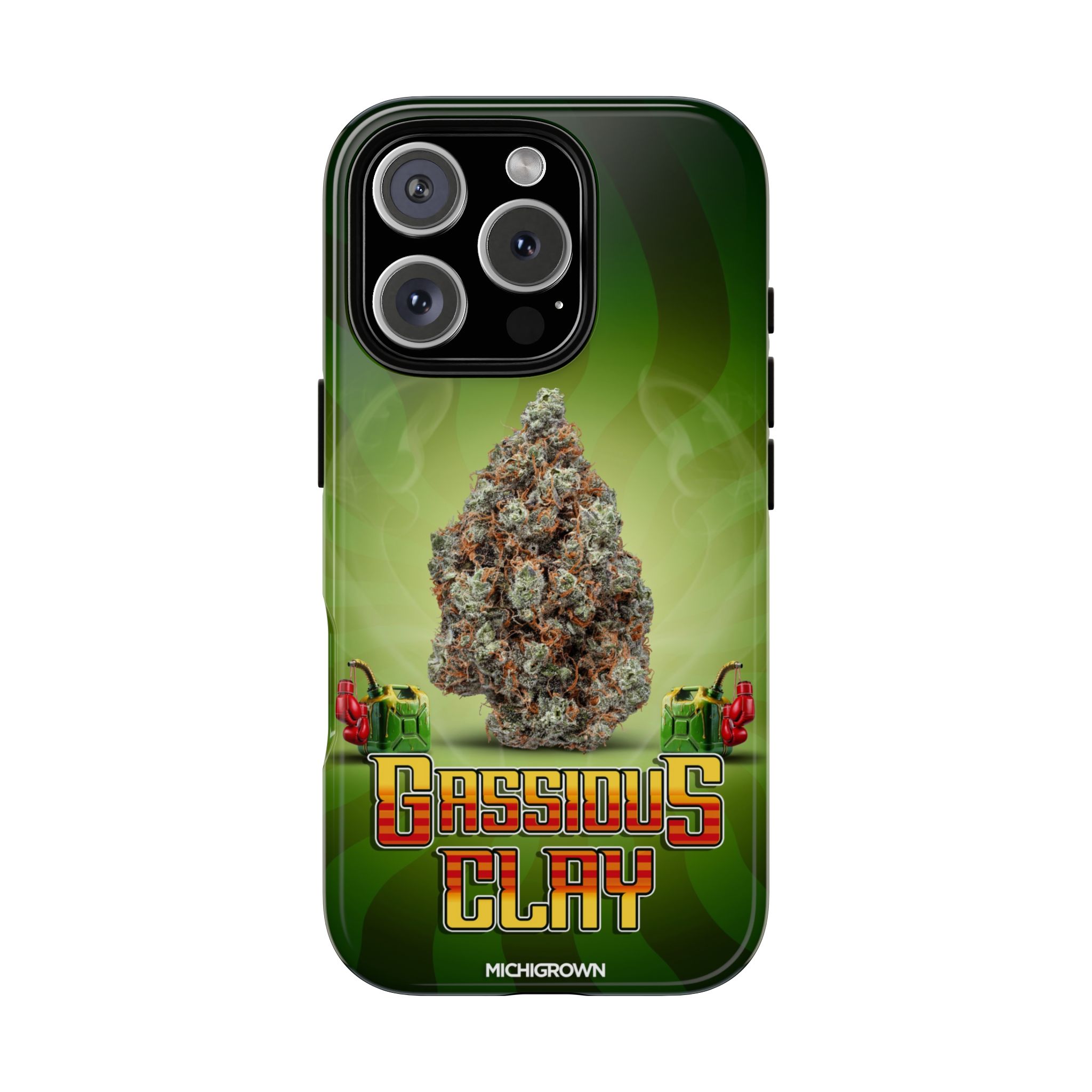 Phone case with Gassious Clay logo and cannabis image.