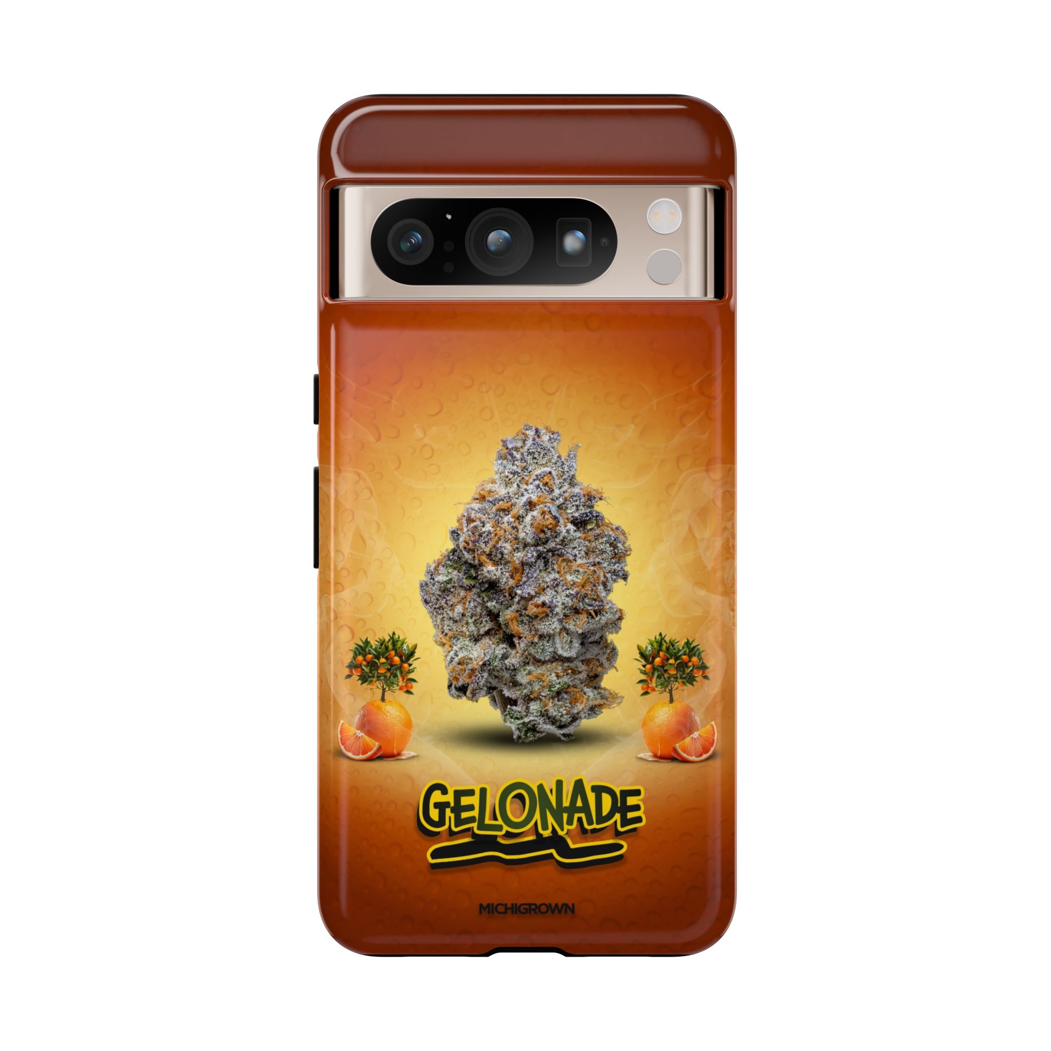 Phone case featuring cannabis bud and orange slices design for GELONADE.