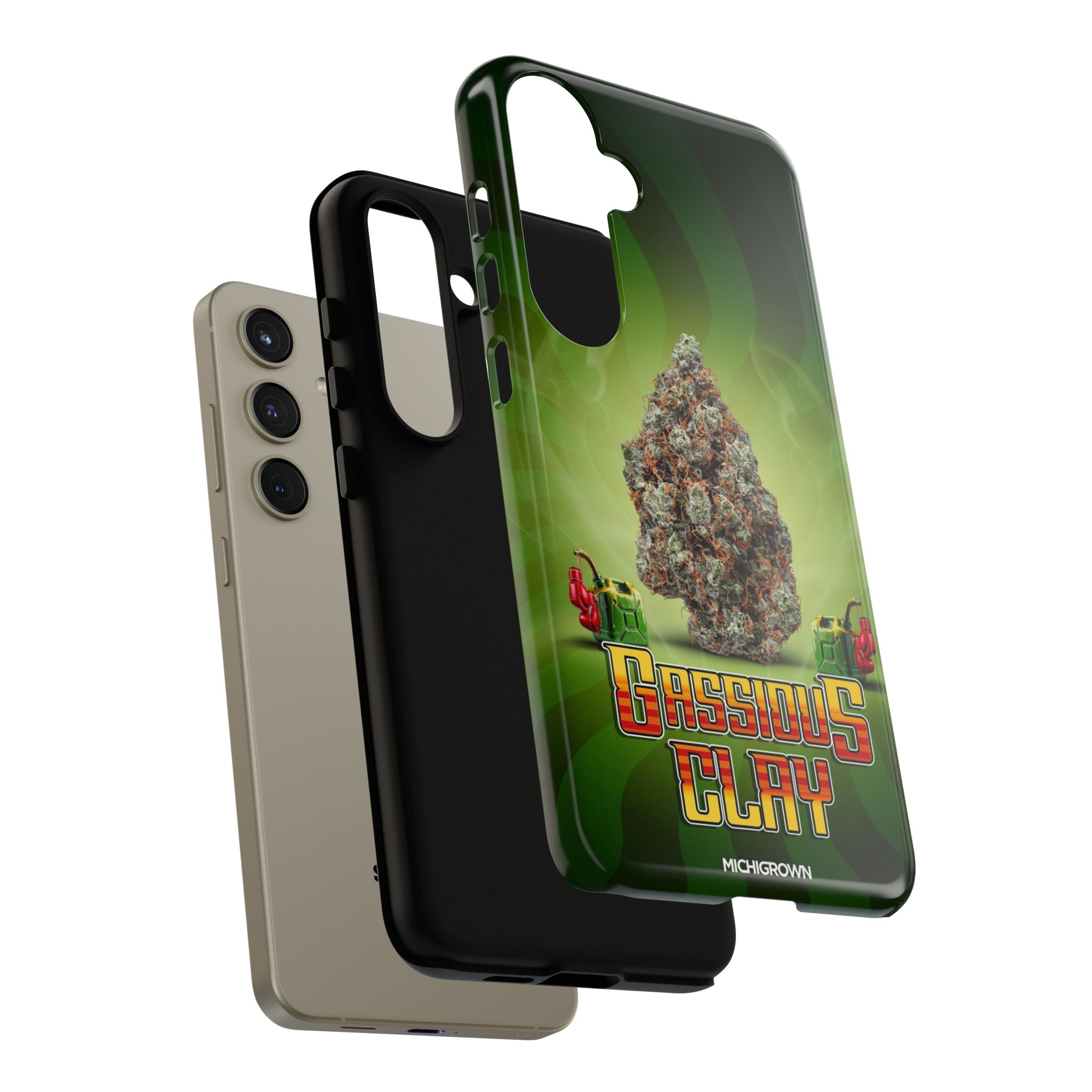 Green phone case with cannabis bud and Gassious Clay logo for iPhone.