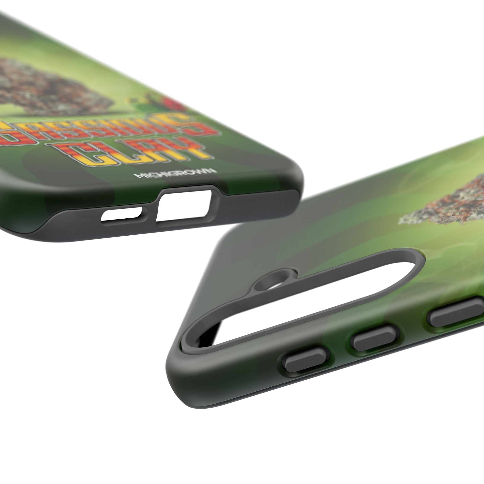 Green GASSIOUS CLAY phone case with cutouts for camera and buttons.