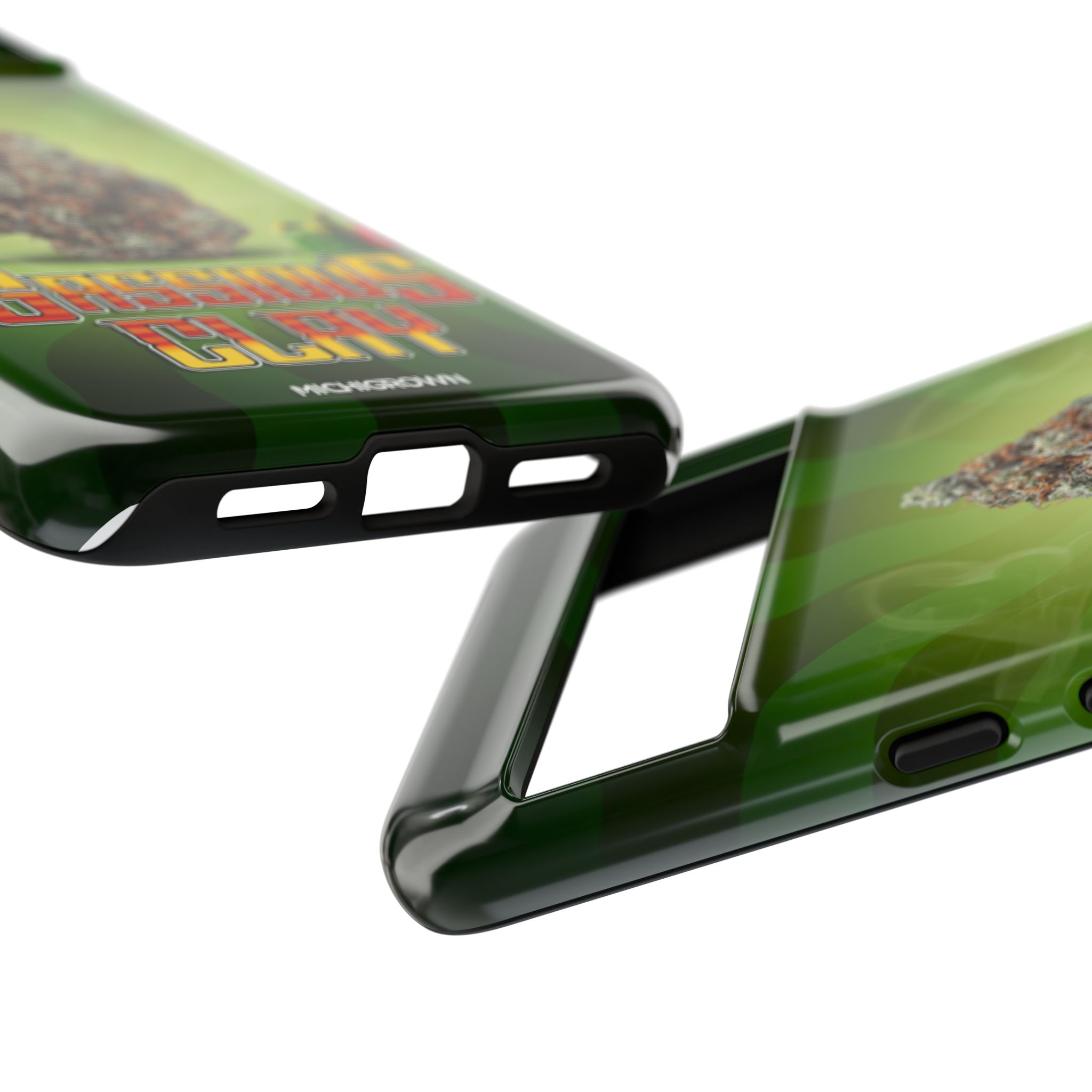 Close-up of GASSIOUS CLAY phone case with vibrant graphics.