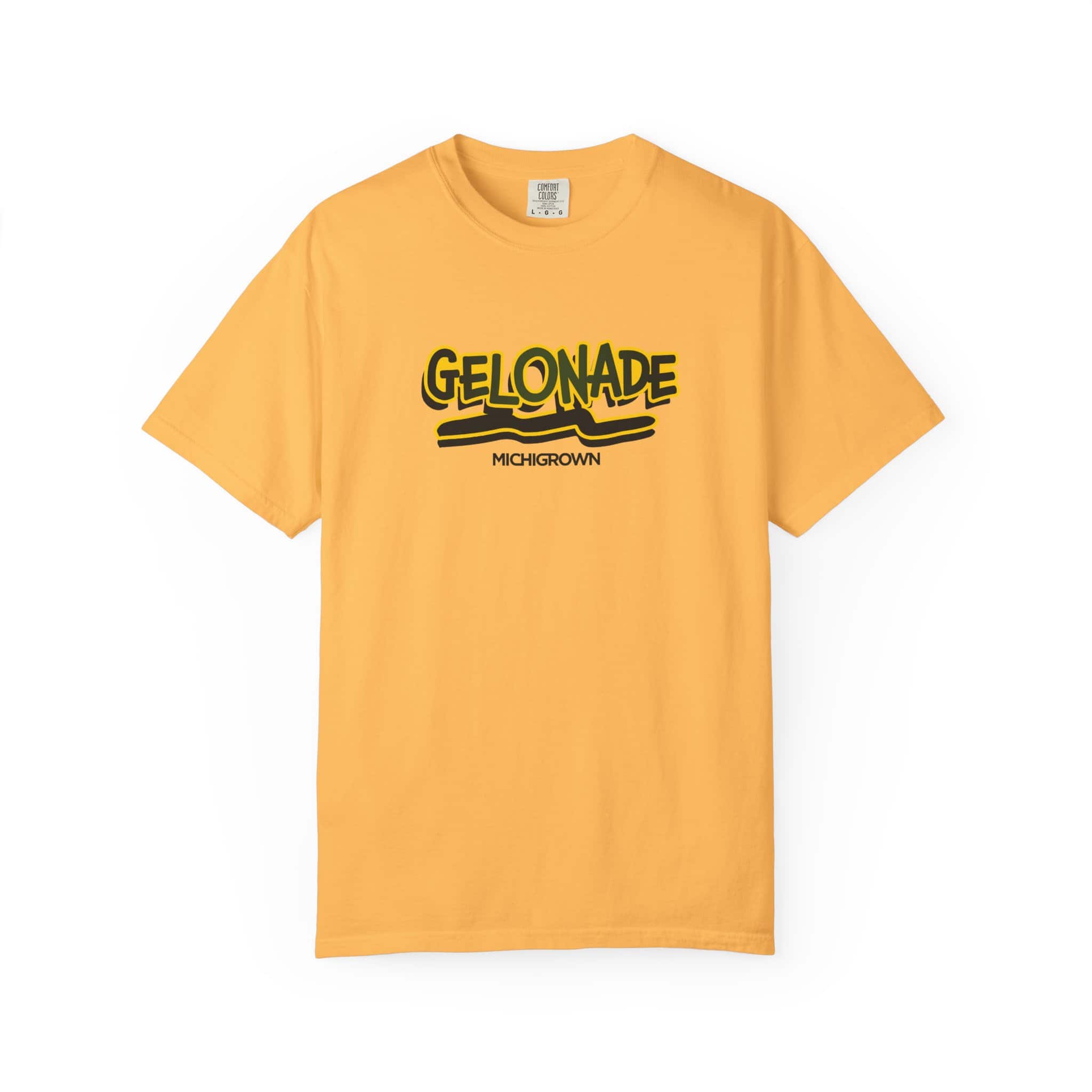 Yellow Gelonade T-shirt with Michigan logo and text.