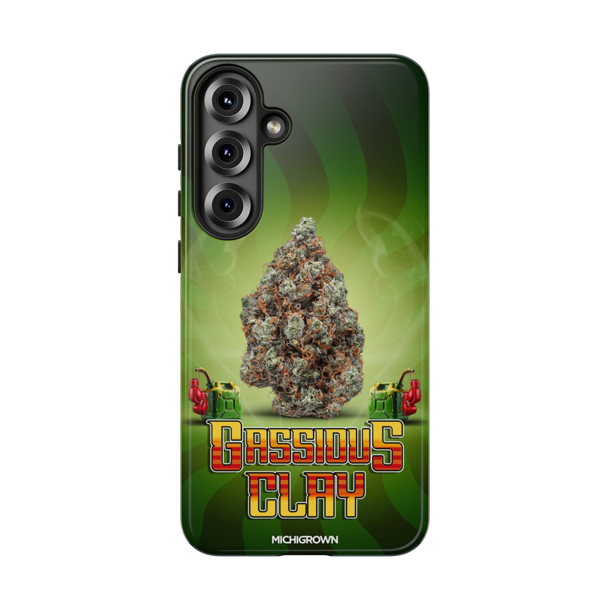 Phone case with cannabis bud and Gassious Clay logo design.