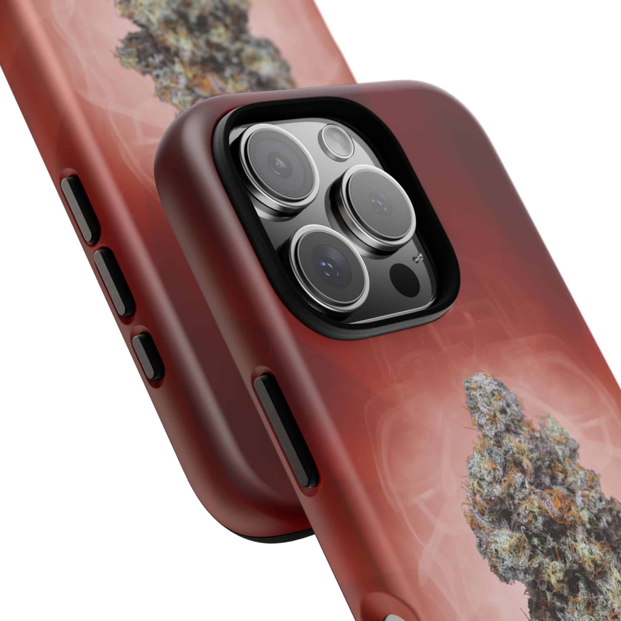 Red phone case with cannabis leaf design for iPhone 13 Pro.
