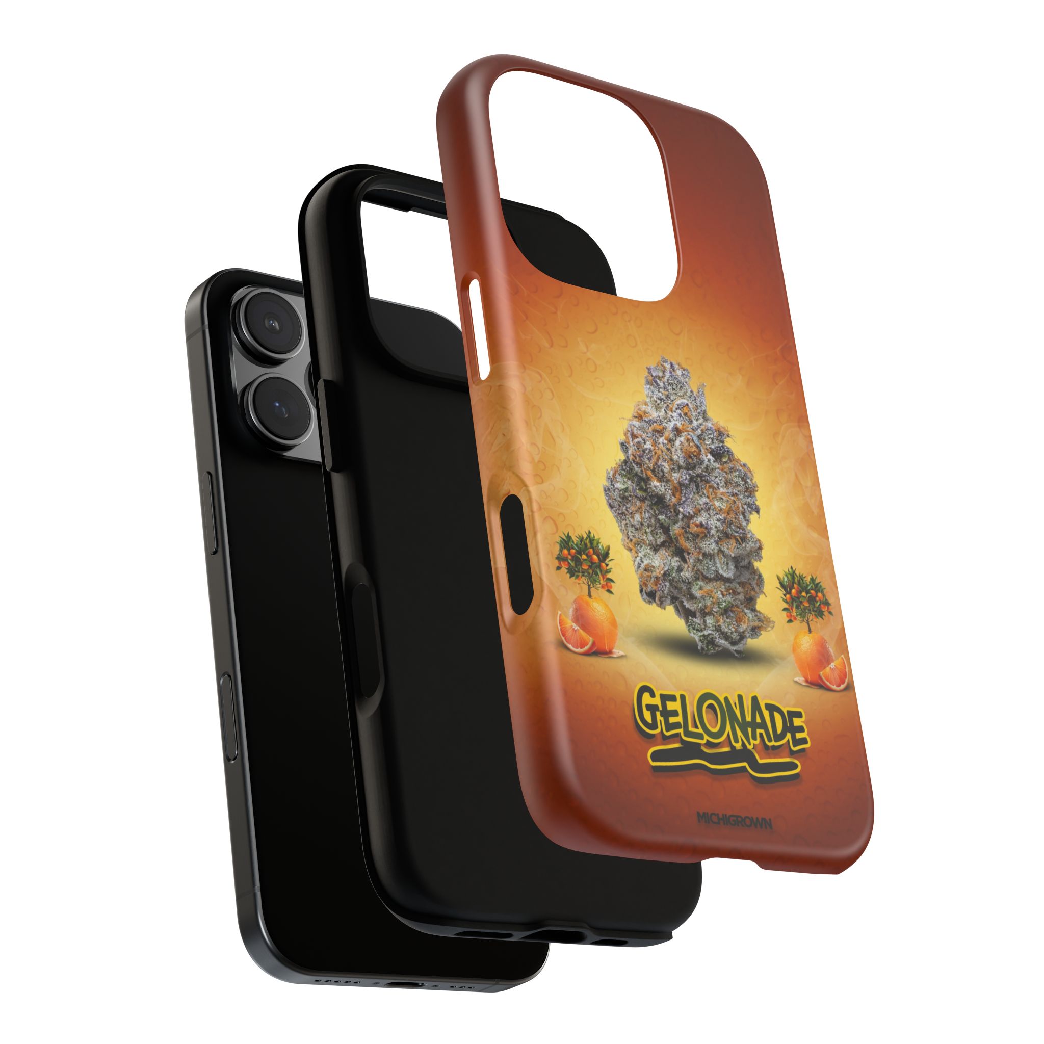 Custom GELONADE phone case with cannabis graphic for iPhone.