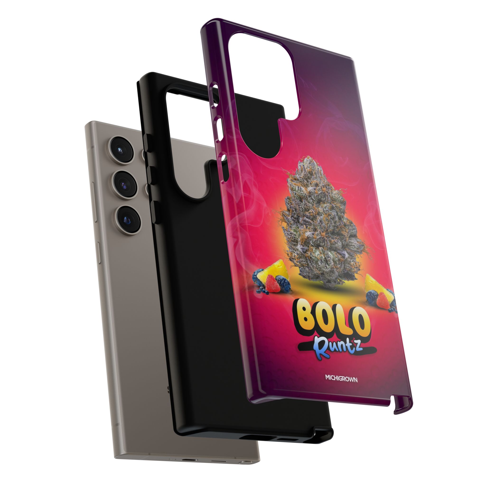 Colorful BOLO RUNTZ phone case with cannabis leaf design for Samsung Galaxy.