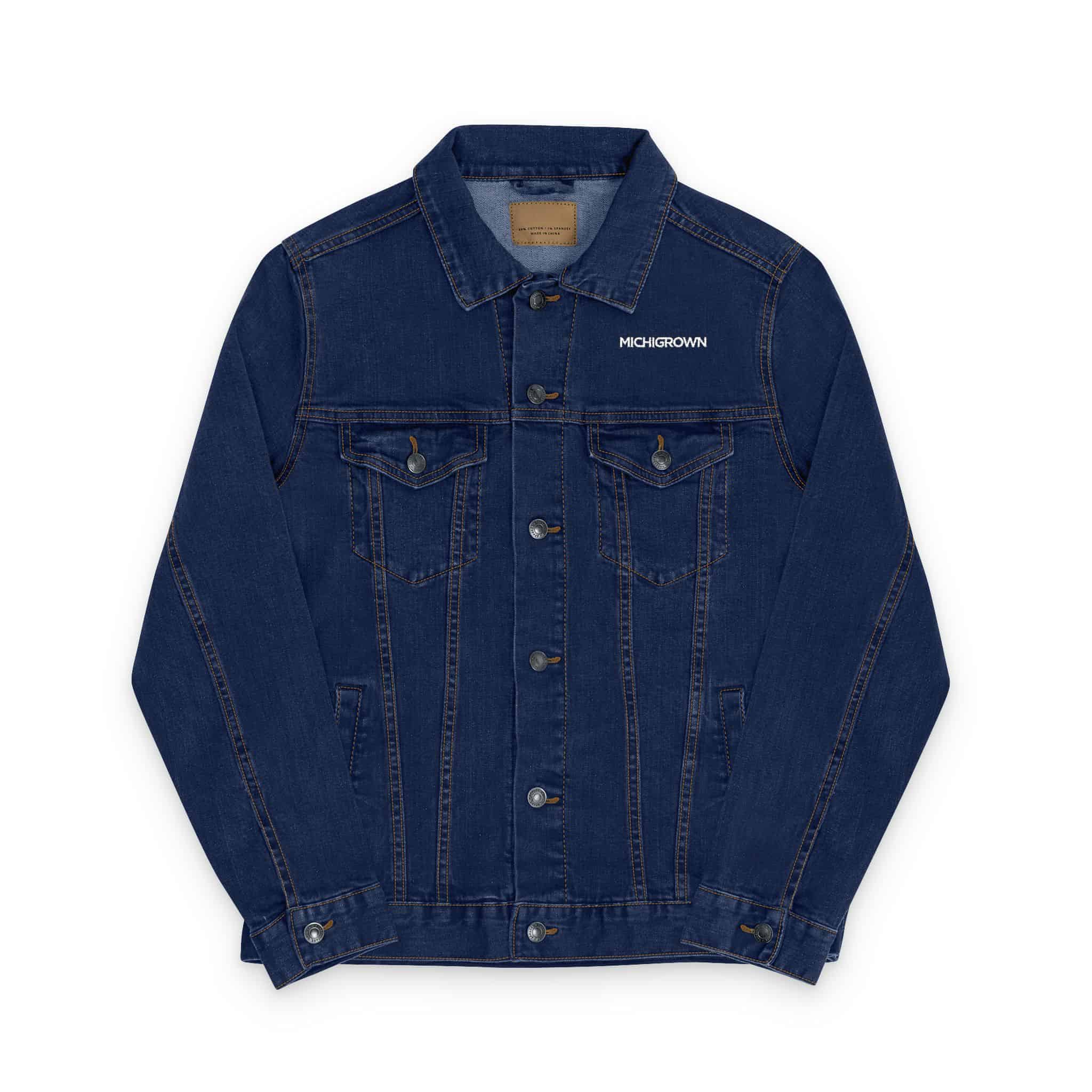 Blue denim jacket with embroidery detail and classic design.
