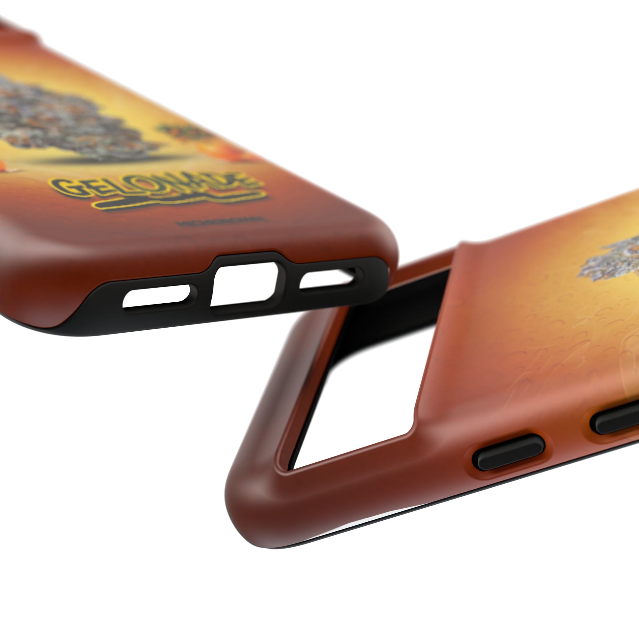 Close-up of GELONADE phone case with graphic artwork and cutouts.