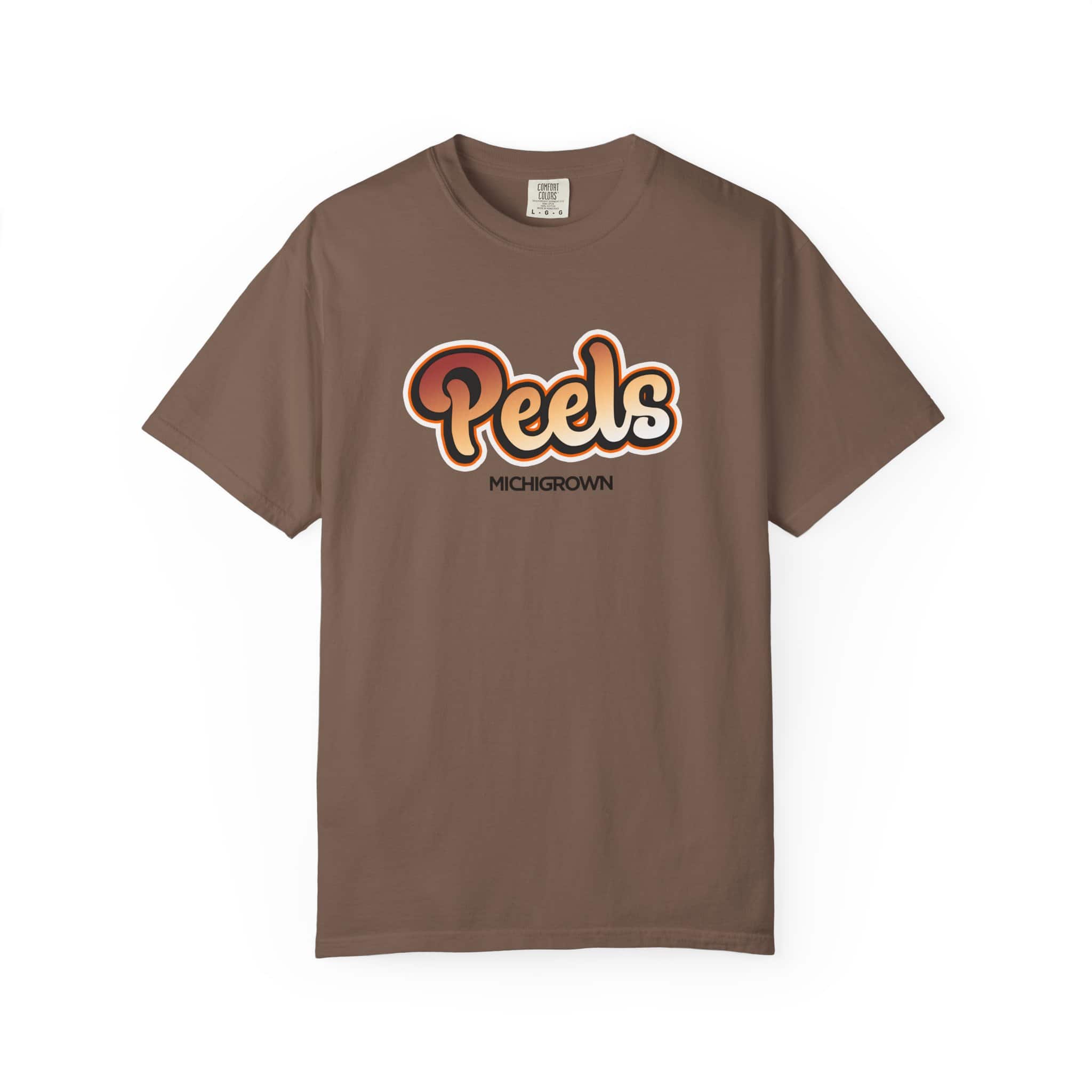 Brown T-shirt with Michigrown Peds logo in orange and black.