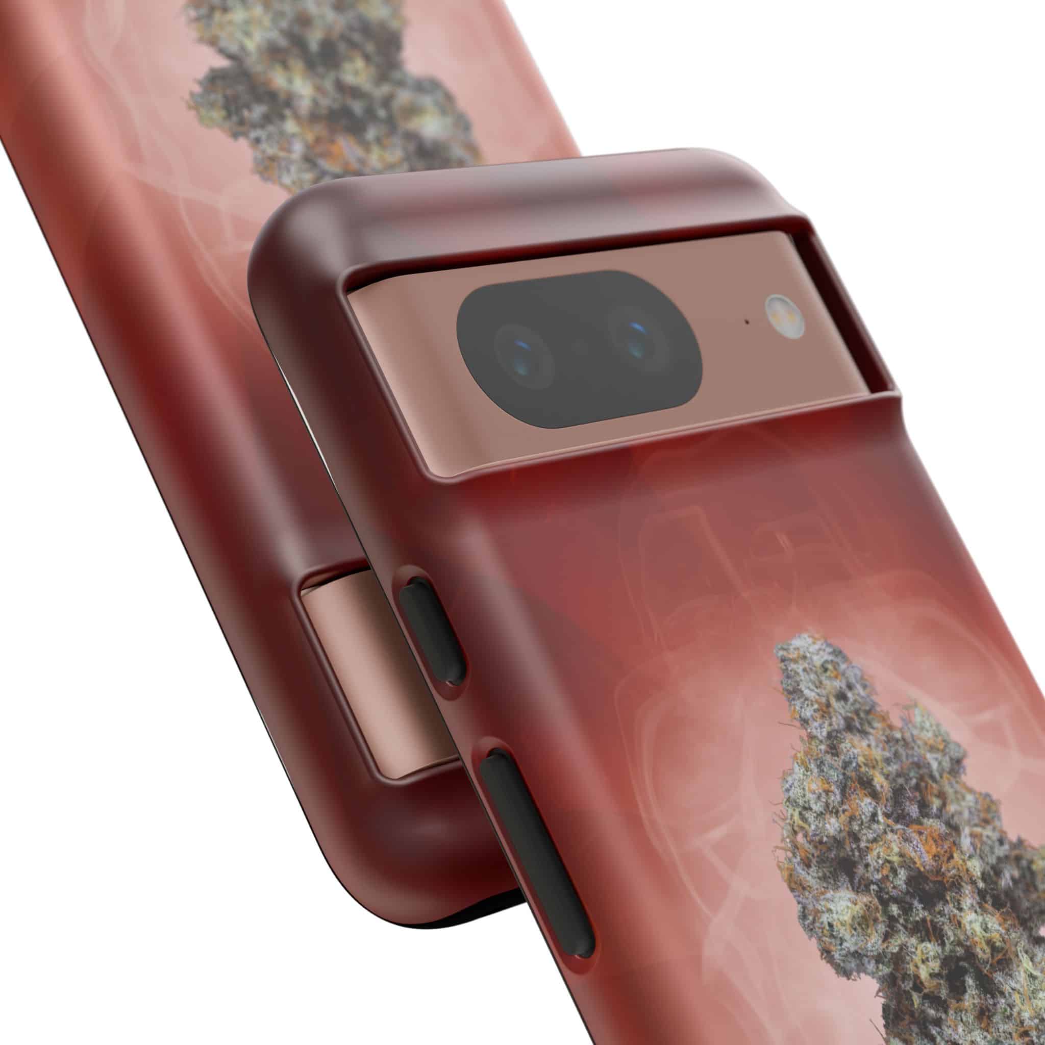 Red cannabis-themed phone case with a large marijuana bud graphic.