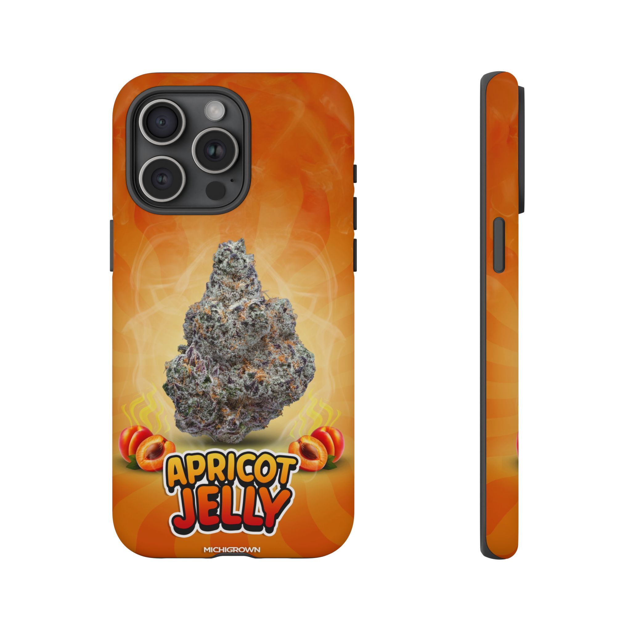 Phone case with apricot jelly and cannabis bud graphic for iPhone.