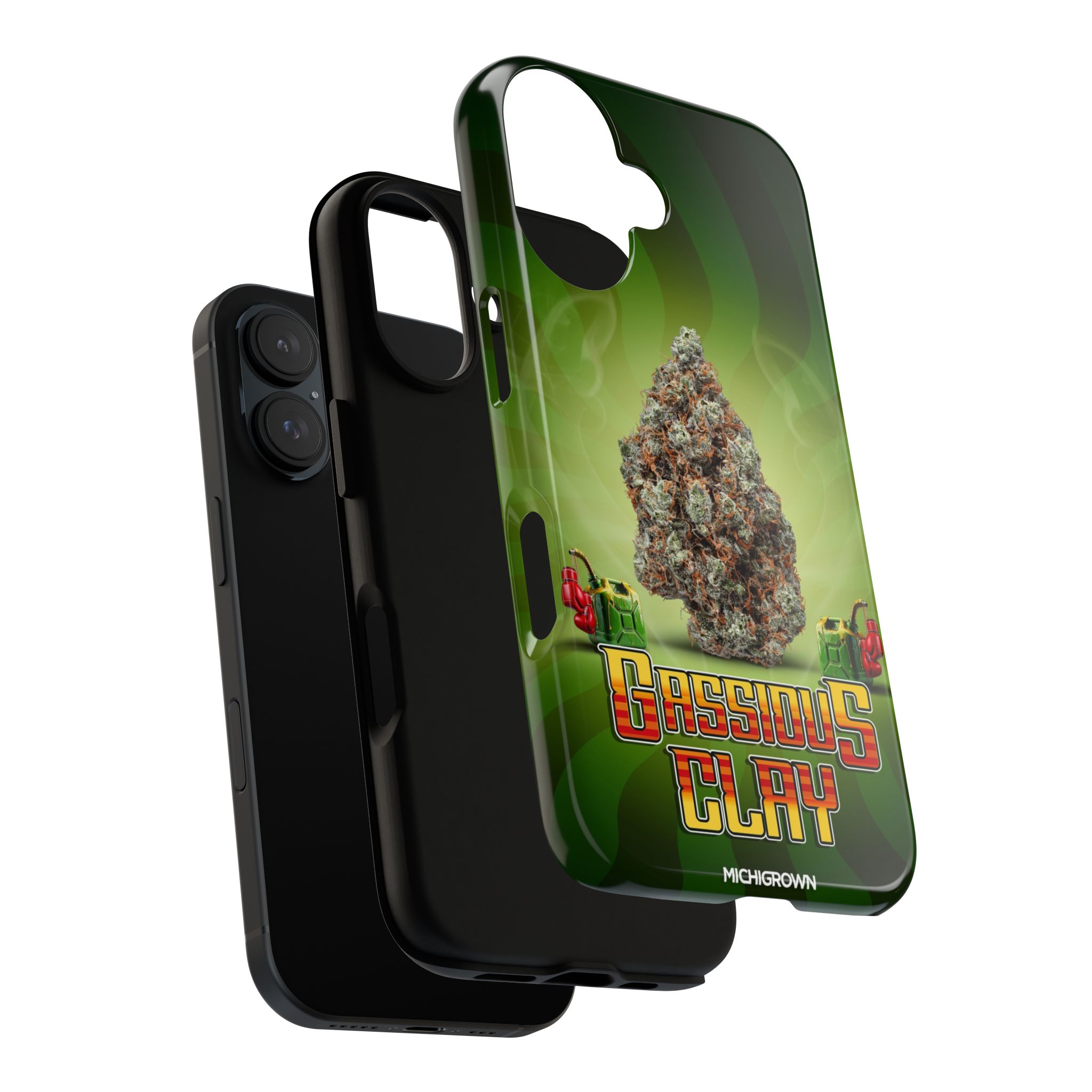 Custom phone case with Gassious Clay logo and cannabis leaf design.