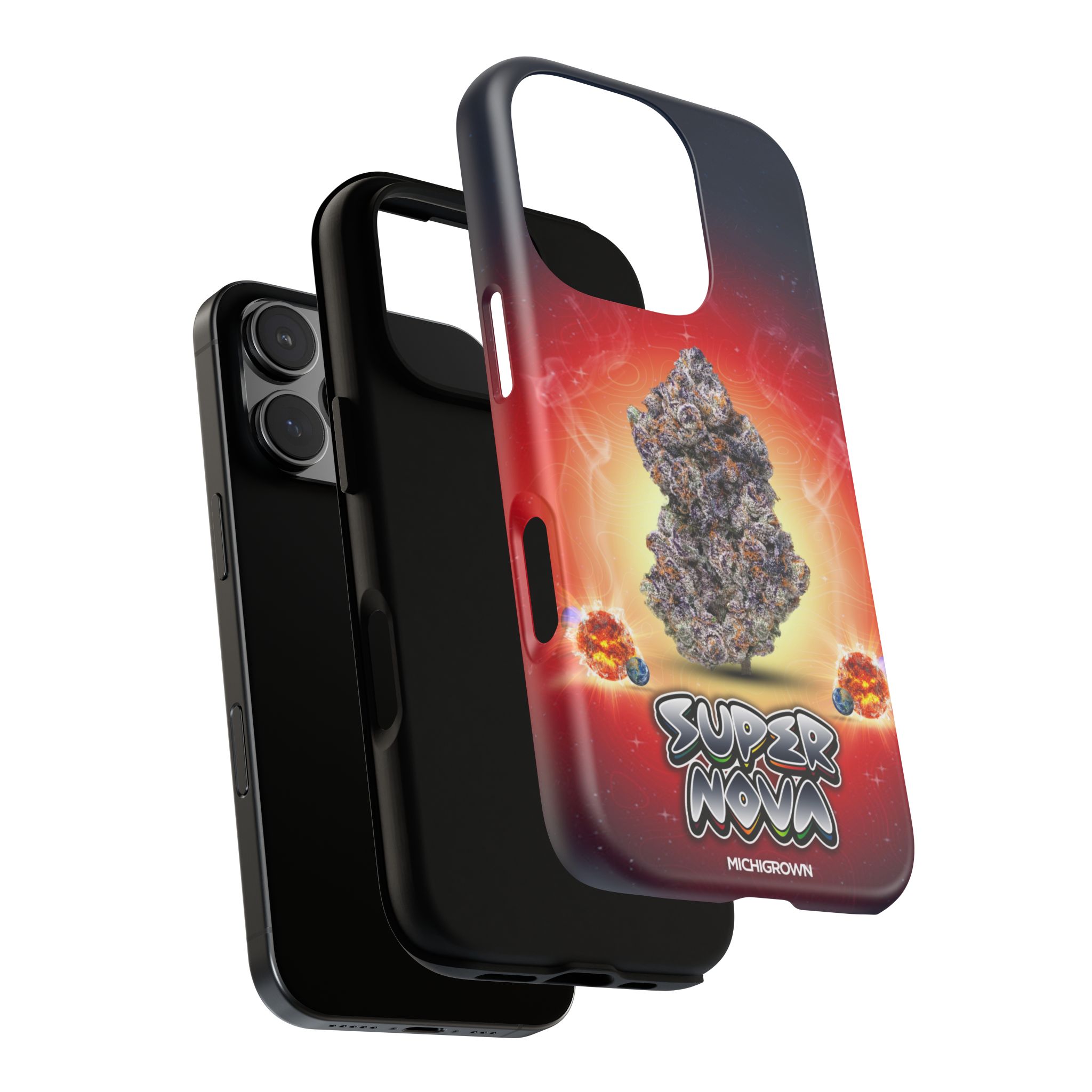 Phone case with a cosmic supernova design and Michigan branding.