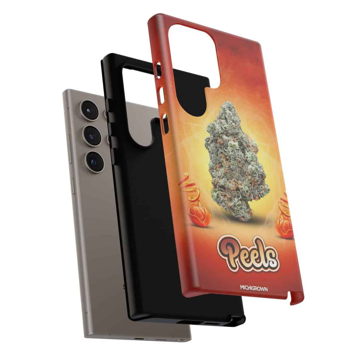 Phone case featuring cannabis bud and PEELS logo for Michigan-grown.