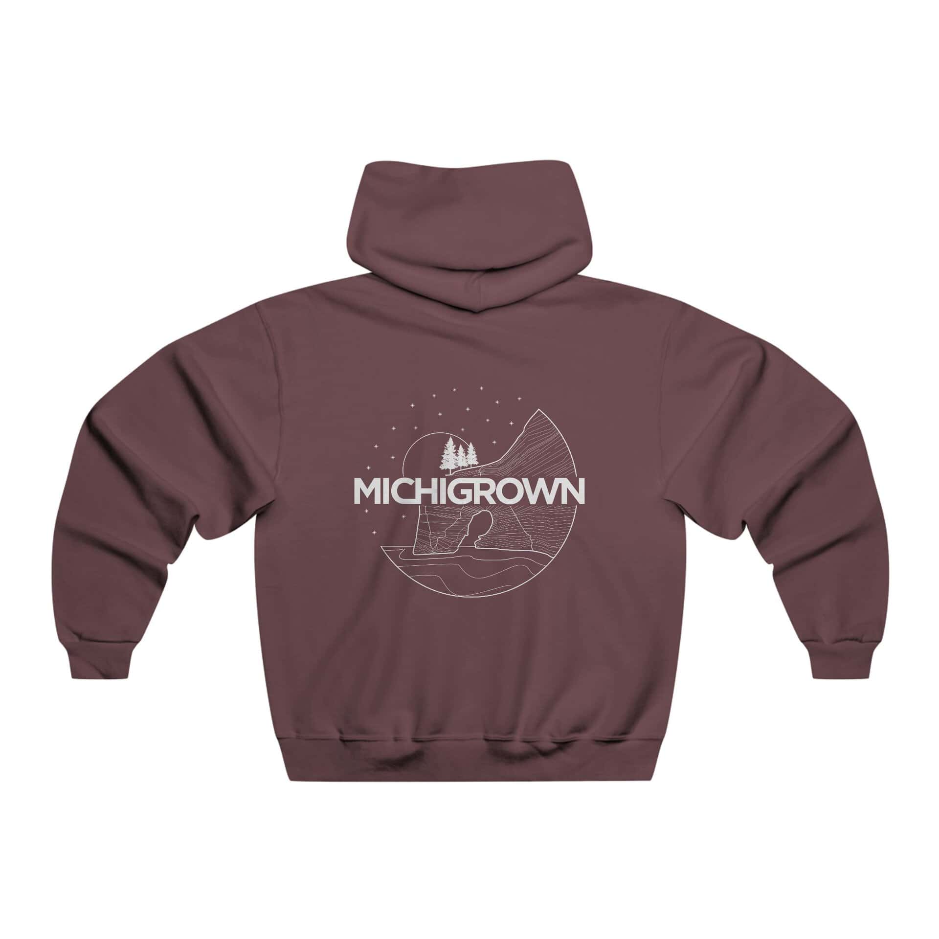 Brown hooded sweatshirt with Michigrown logo and mountain design.