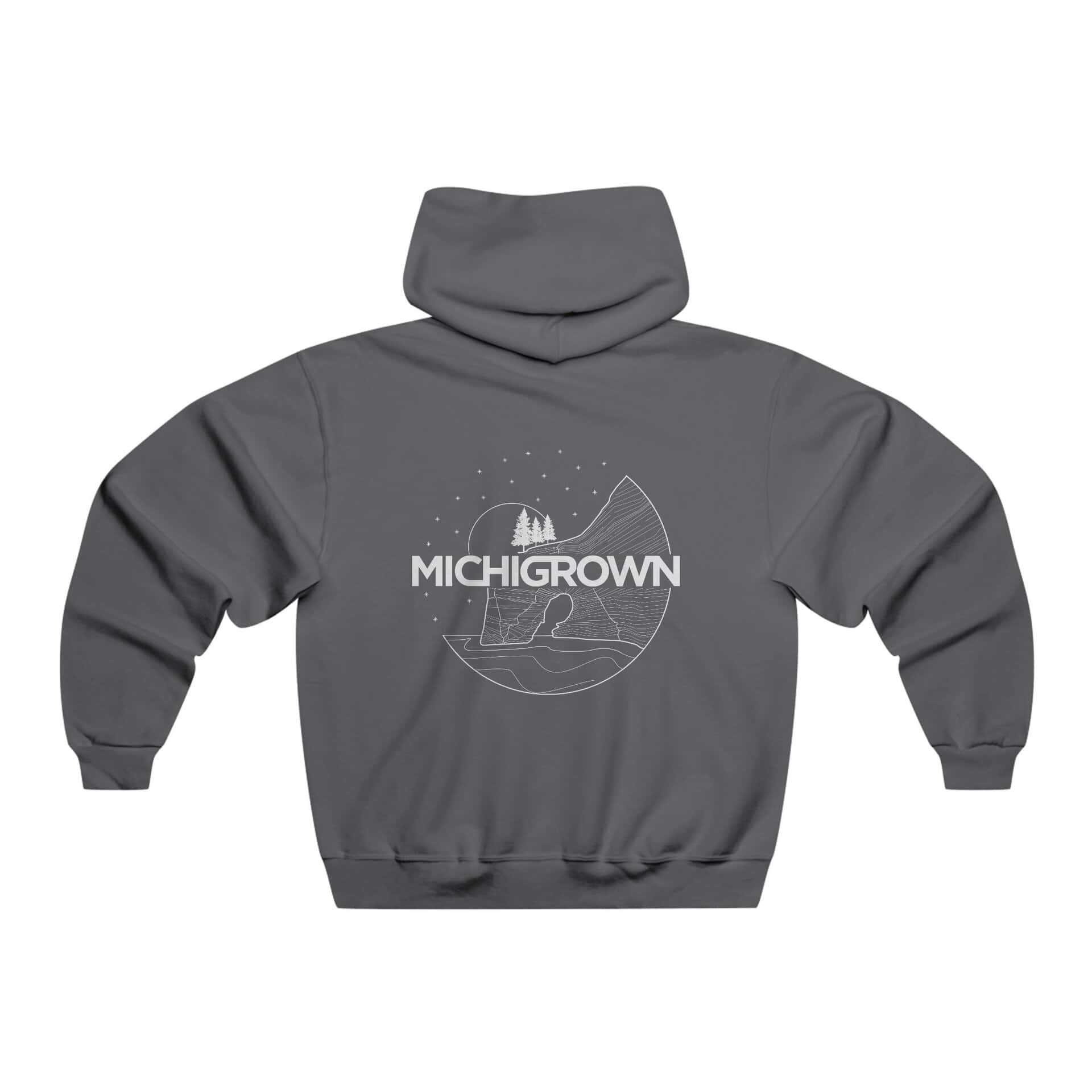 Gray hoodie with Michigrown logo featuring a mountain and lake scene.