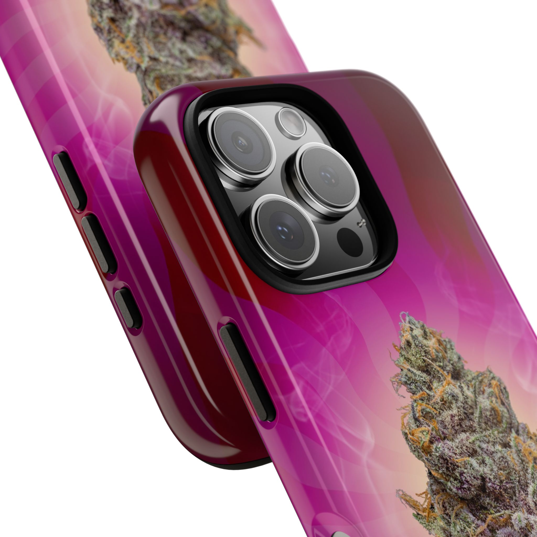 Close-up of a smartphone with a cannabis-themed Michigrown phone case.