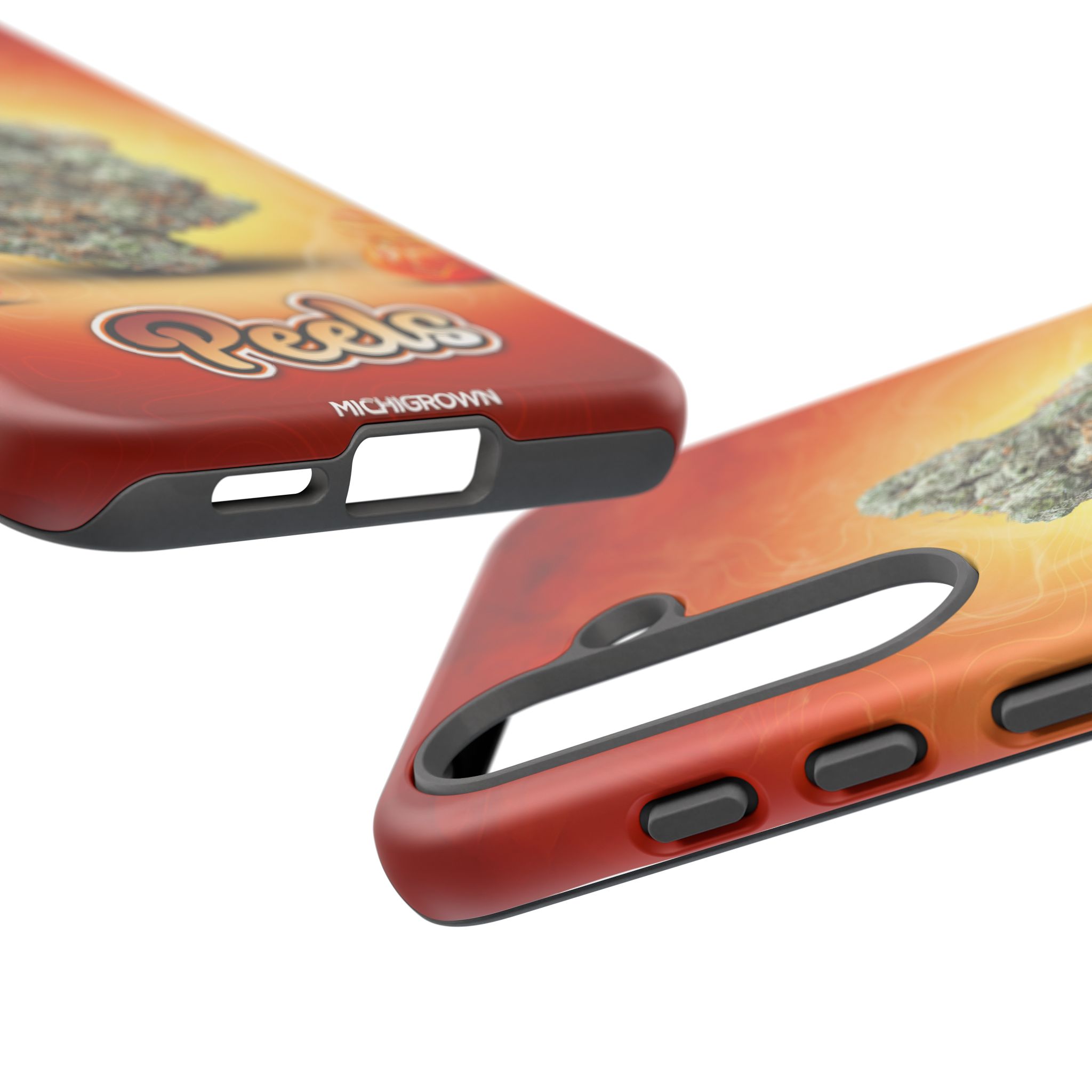 Close-up of a Peels phone case with a colorful design and textured surface.