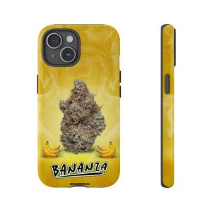 Yellow phone case with cannabis bud and banana graphics for iPhone.