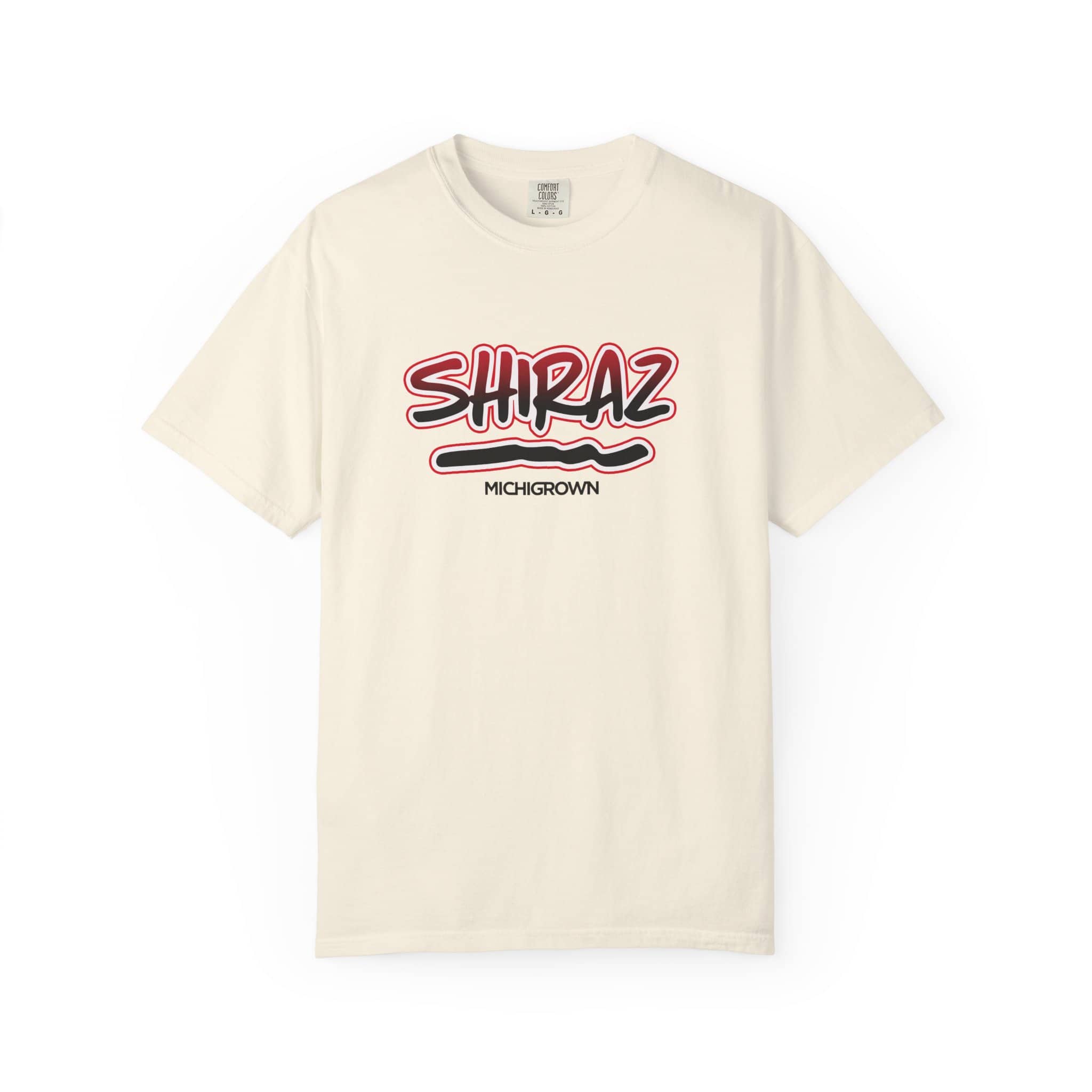 Cream T-shirt with Shiraz and Michigan graphics in red and black.