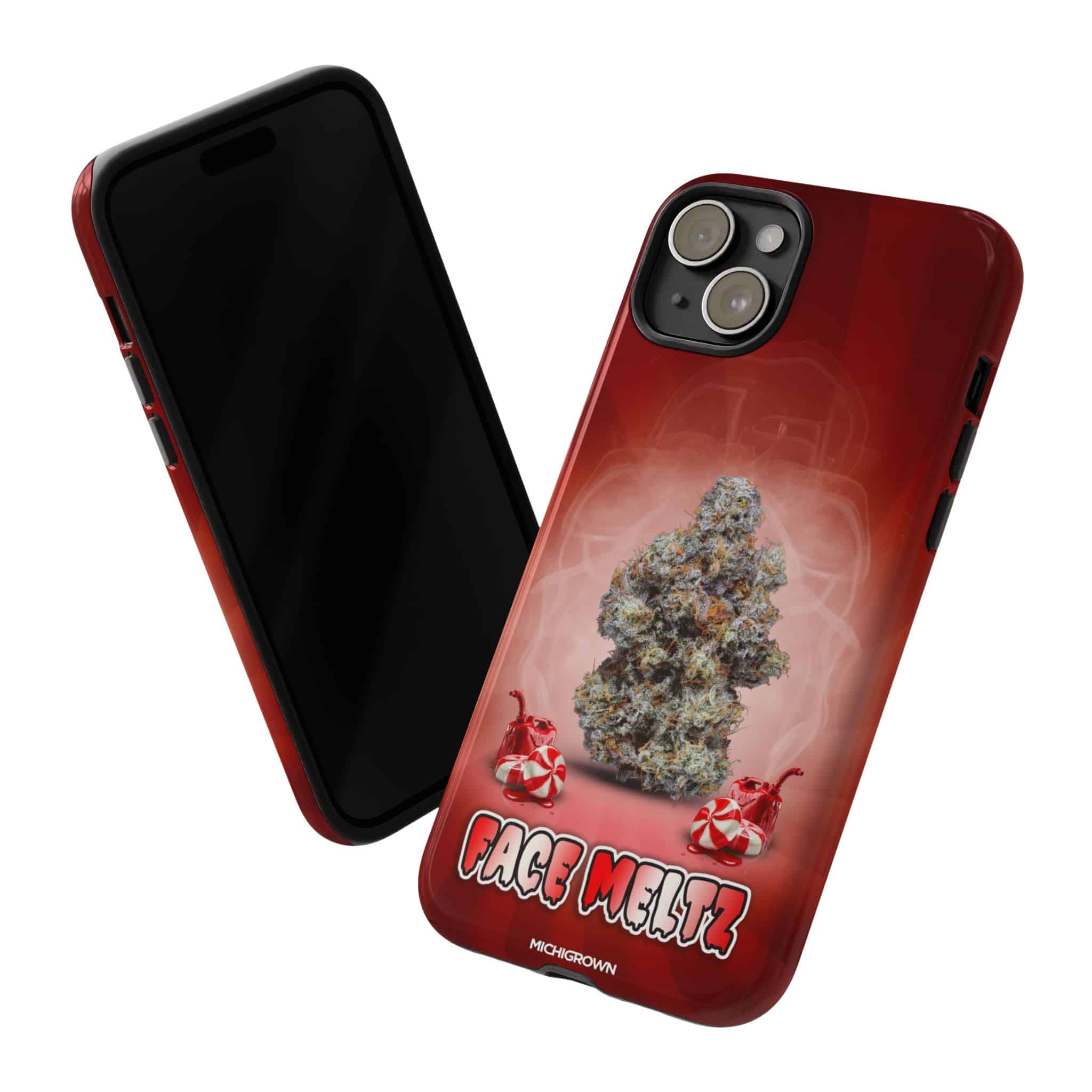 Red iPhone with Face Meltz cannabis-themed case featuring a cannabis bud and red and white graphics.