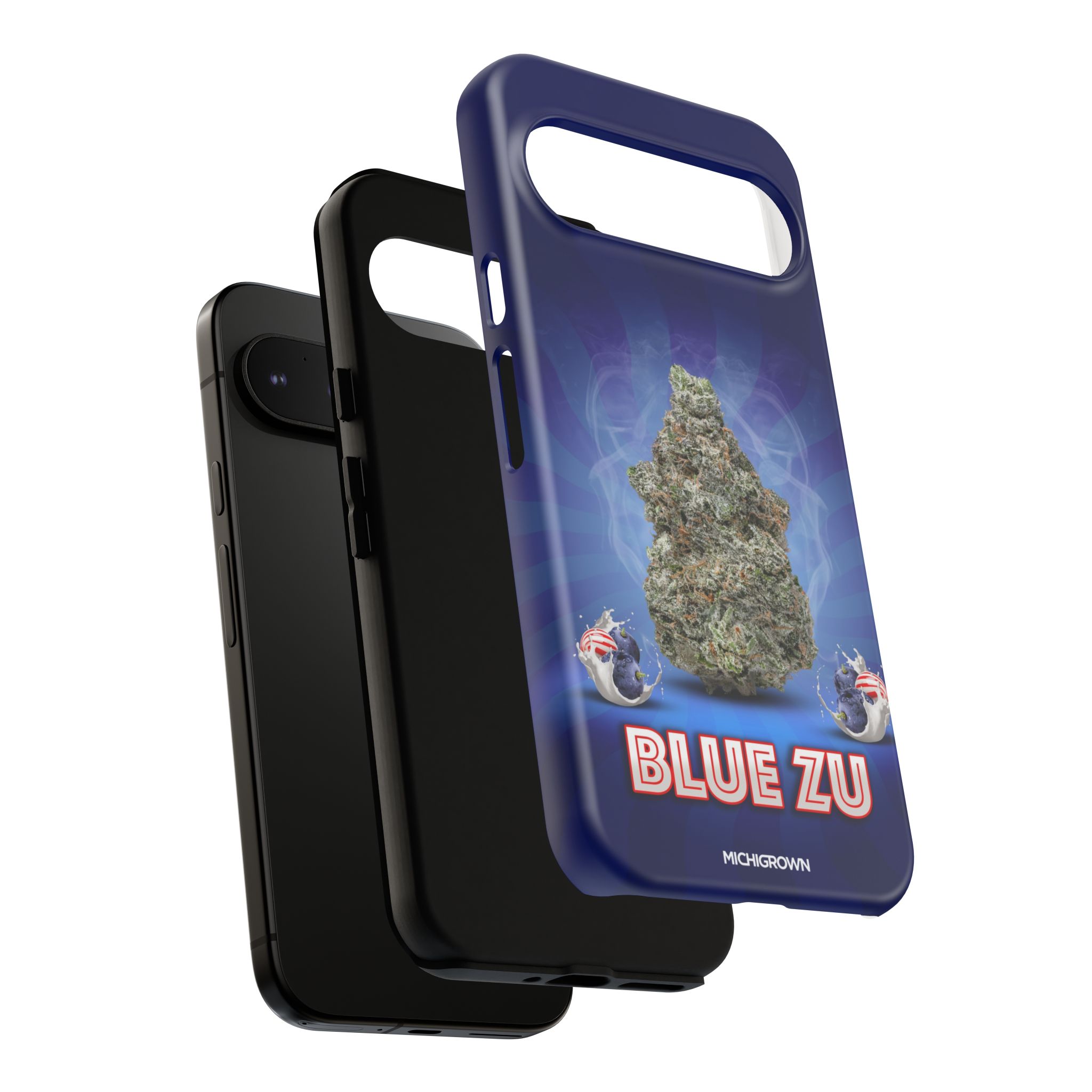 Blue Zu phone case with Michigan map design for iPhone.
