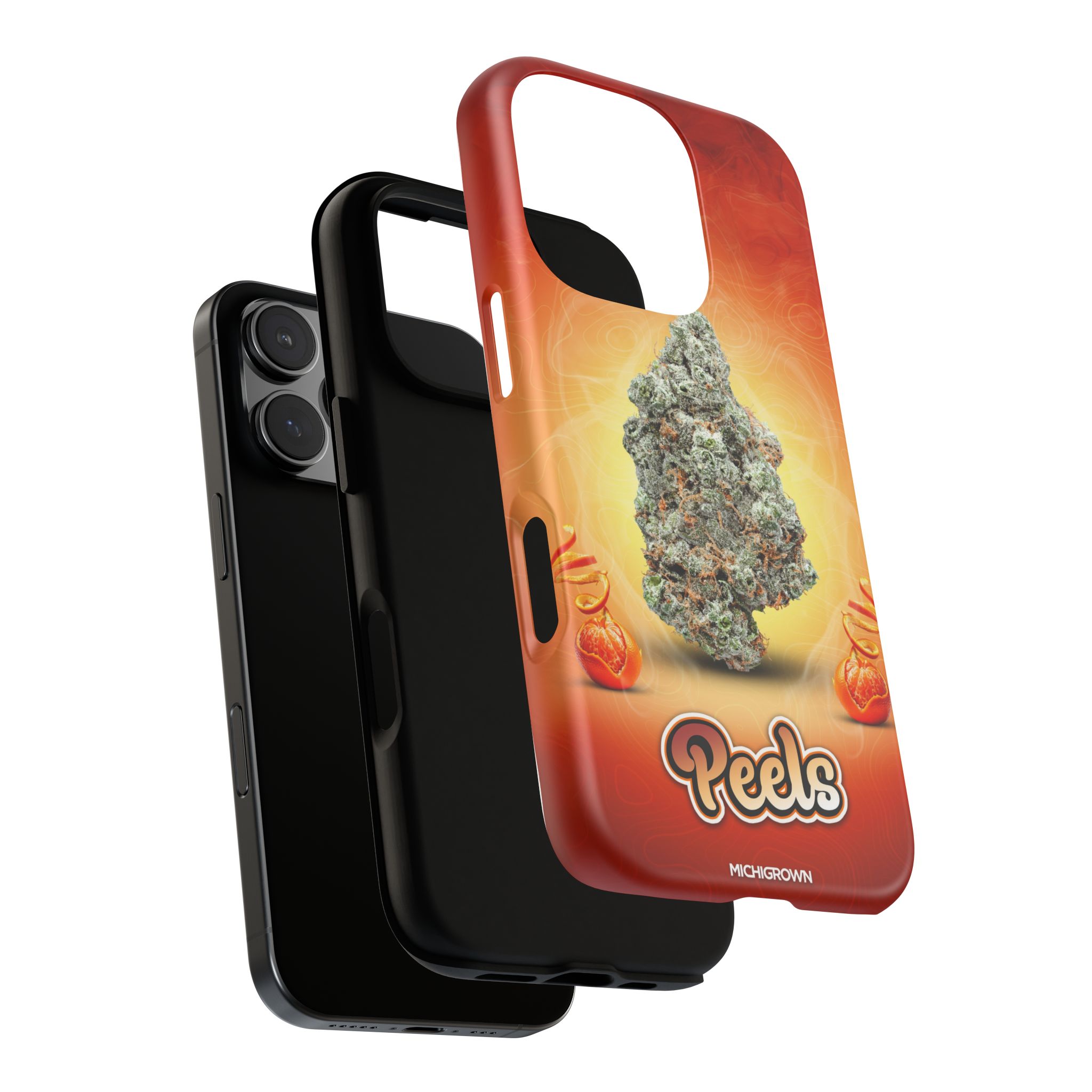 Red and orange PEELS phone case with cannabis bud design for iPhone 14 Pro.