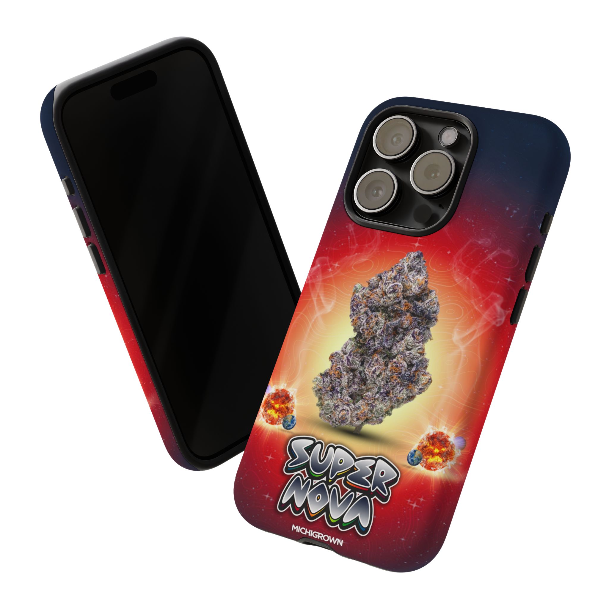 Phone case with a cosmic explosion and cannabis theme design.