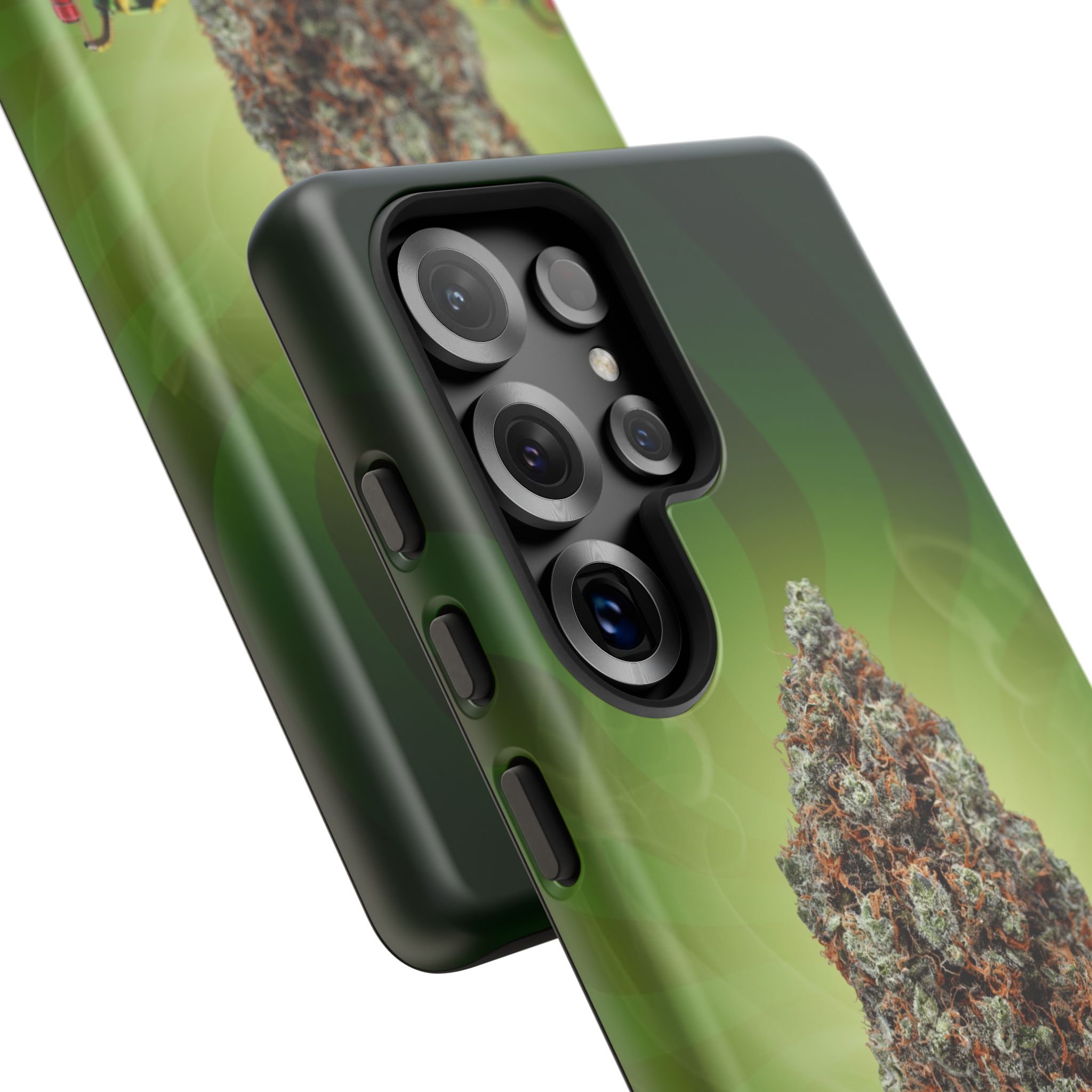 Smartphone with cannabis-themed GASSIOUS CLAY phone case.