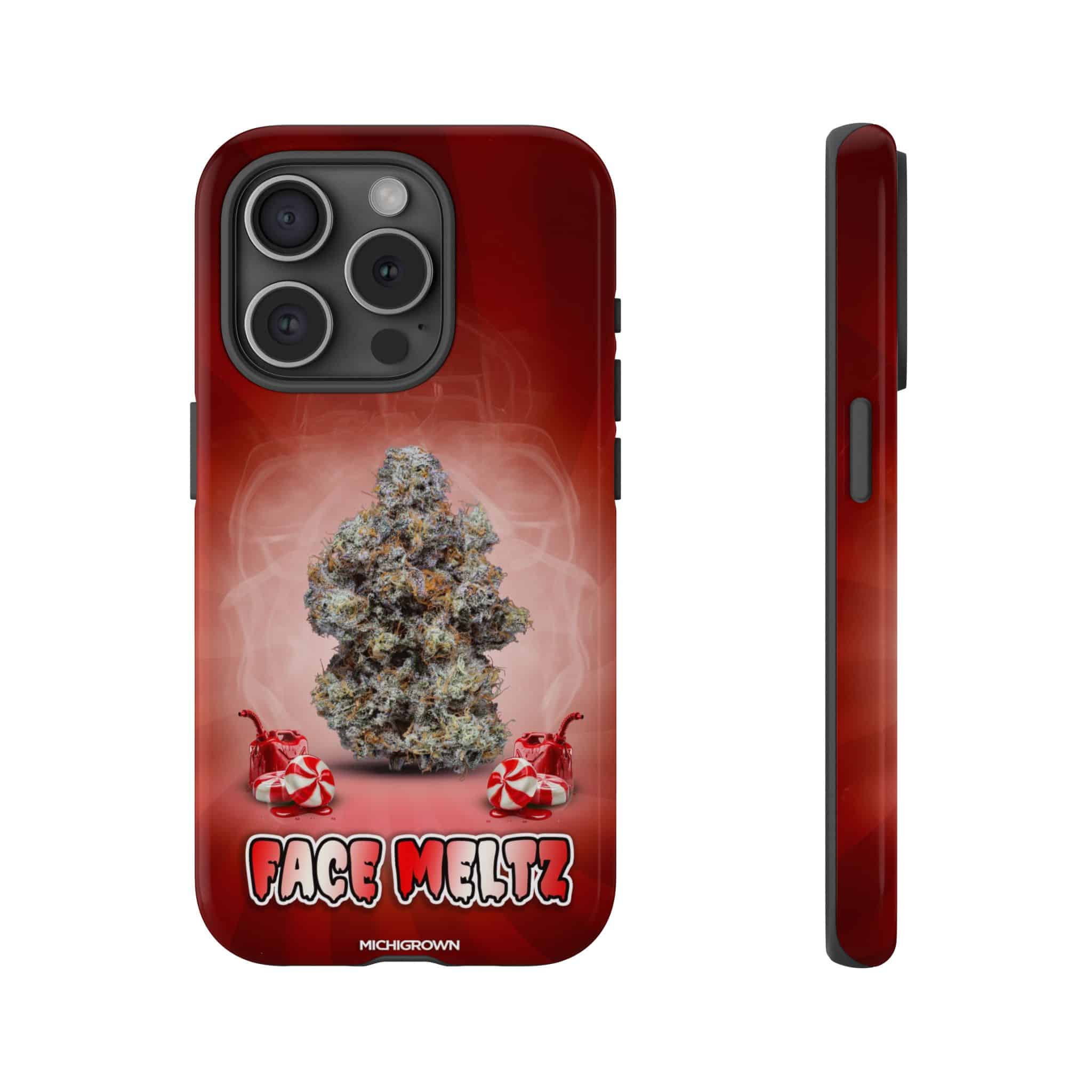 Red iPhone case with cannabis bud and face meltz logo design.