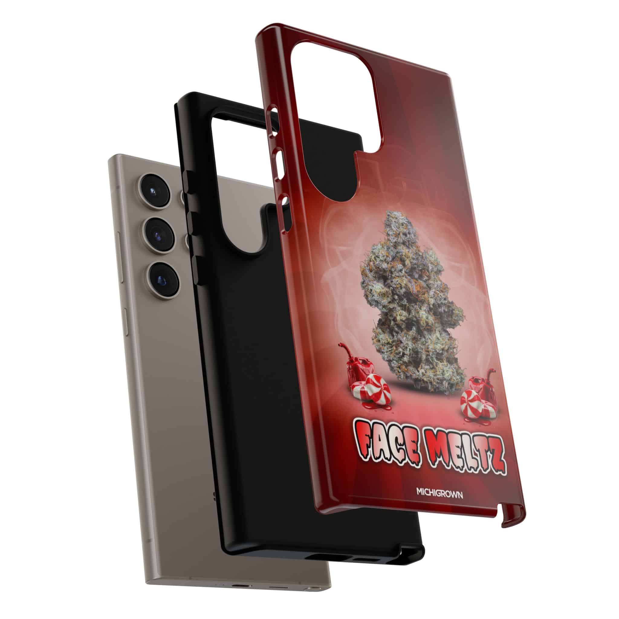 Three phone cases with cannabis-themed designs for Face Meltz.