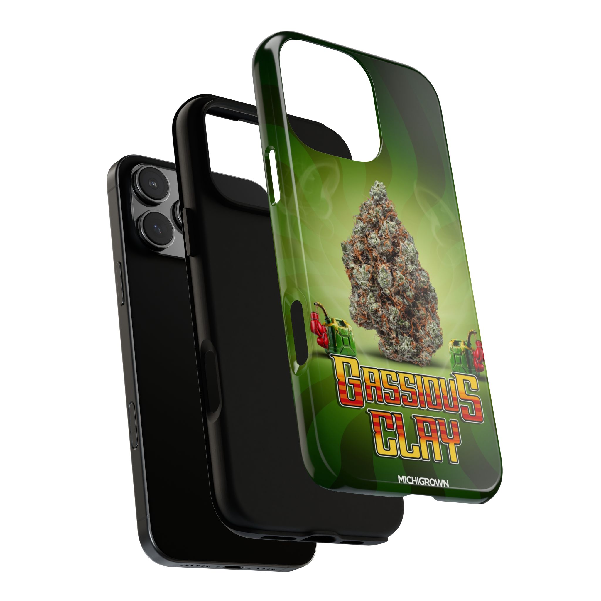 Phone case with Gassious Clay logo and cannabis image for iPhone.