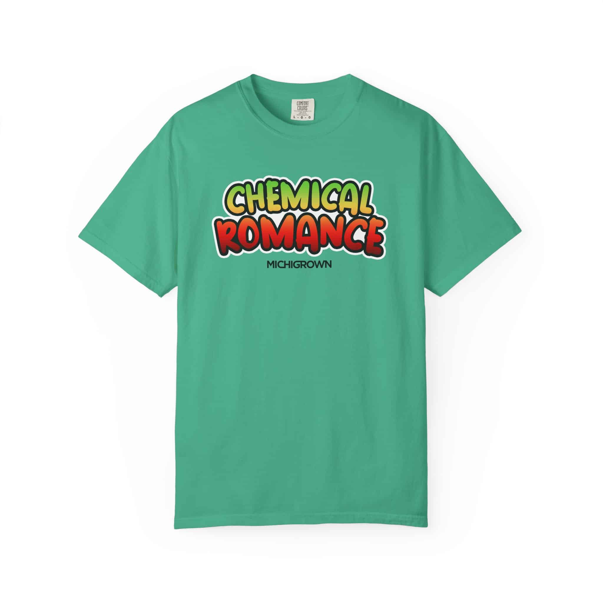 Green T-shirt with 'Chemical Romance' graphic design for men.