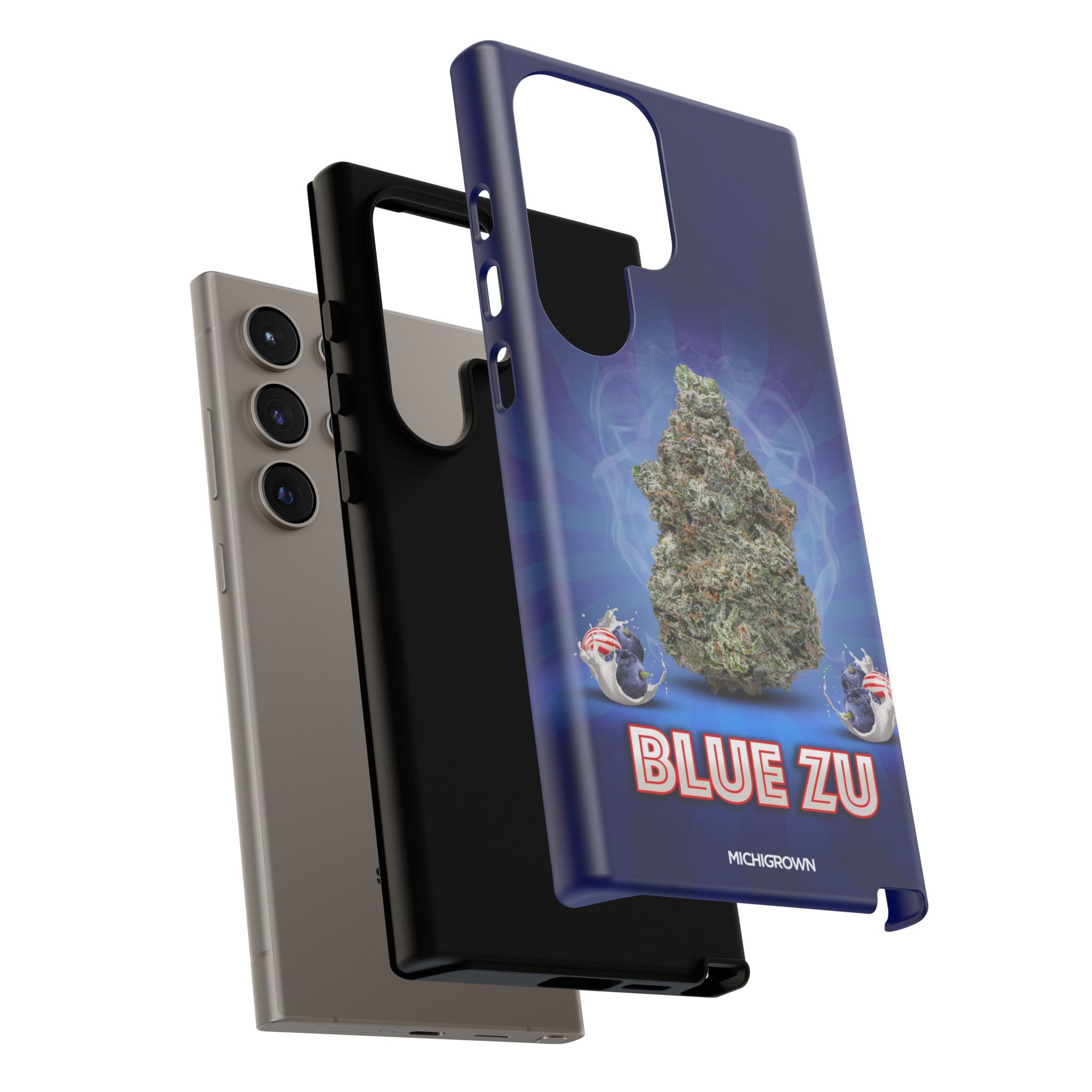 Blue Zu phone case with Michigan map and Michigan-themed graphics.
