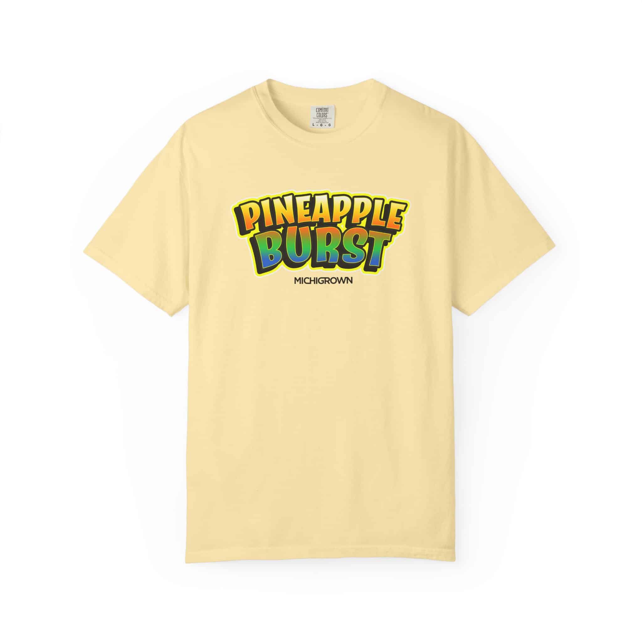 Yellow T-shirt with Pineapple Burst graphic and Michigrown logo.