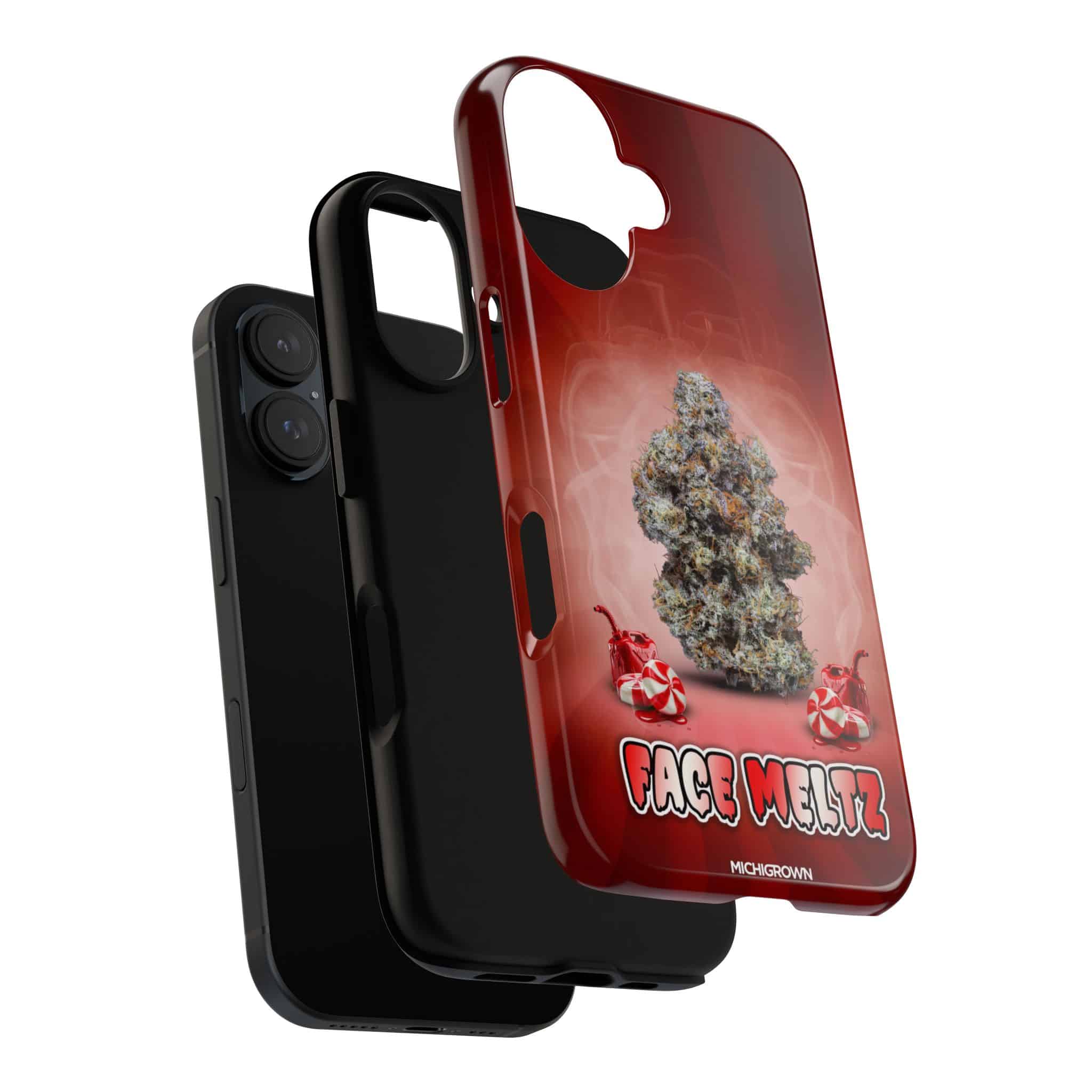 Red iPhone case with cannabis bud and FACE MELTZ logo.