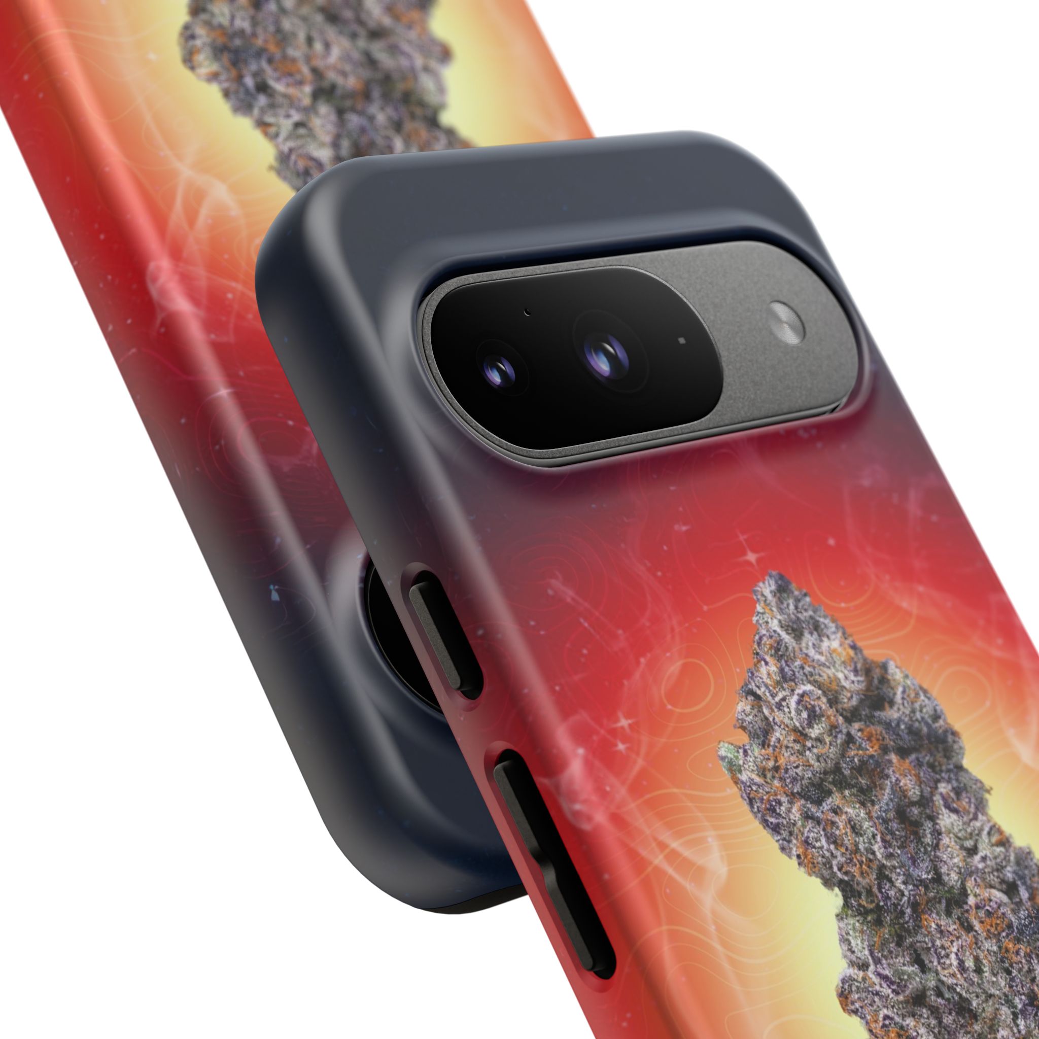 Cannabis-themed phone case with colorful marijuana leaf design.