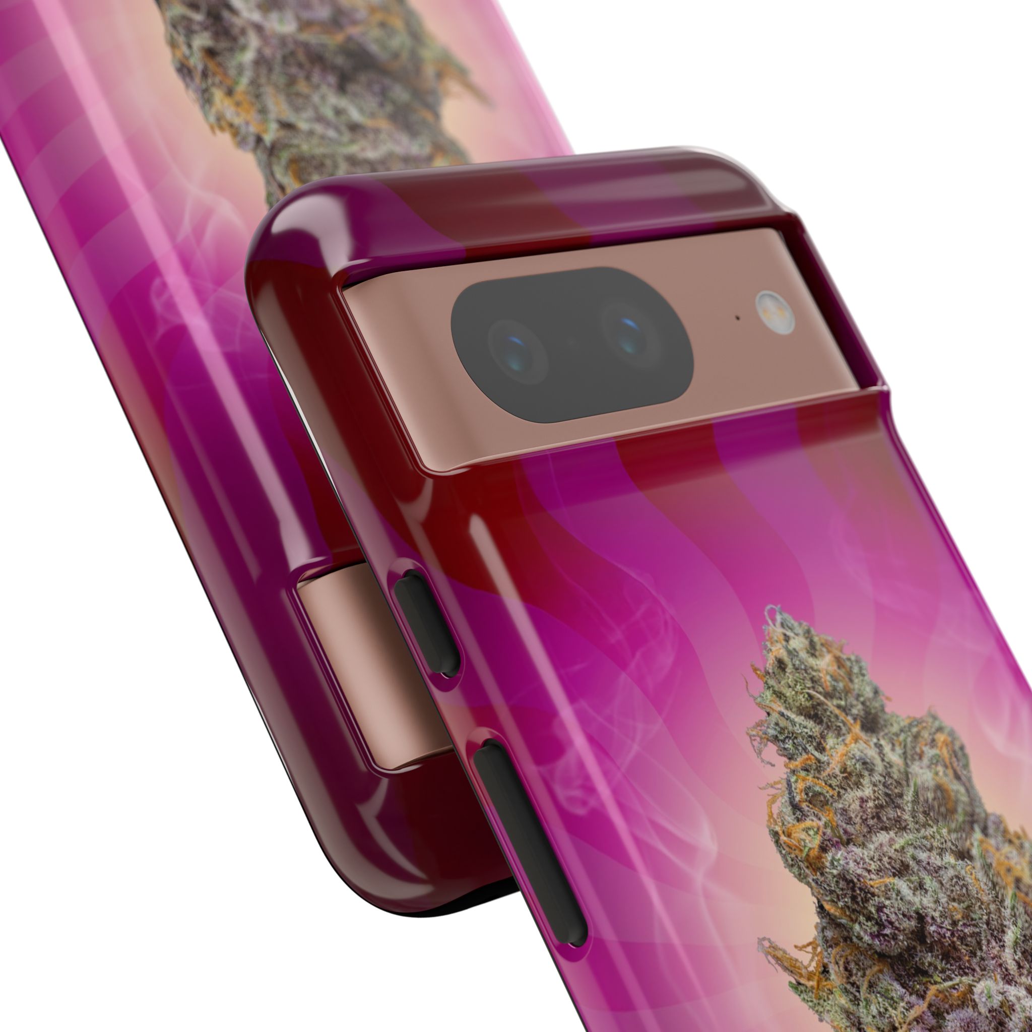 Close-up of a phone with a cannabis-themed Michigrown case.