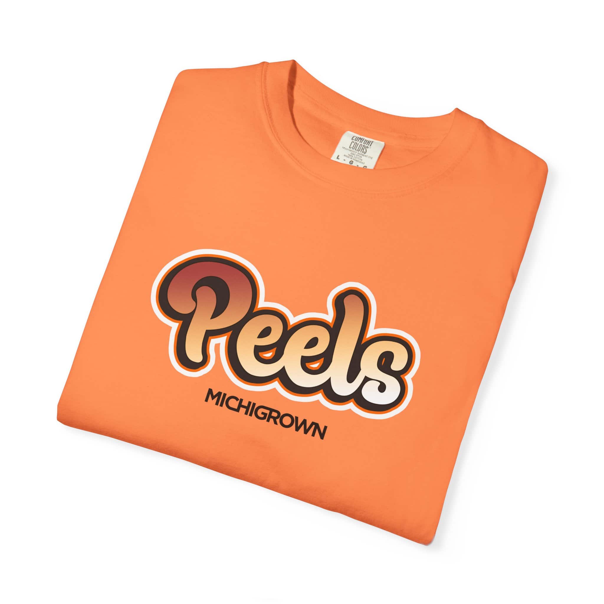 Orange T-shirt with Peels logo and Michigrown branding.