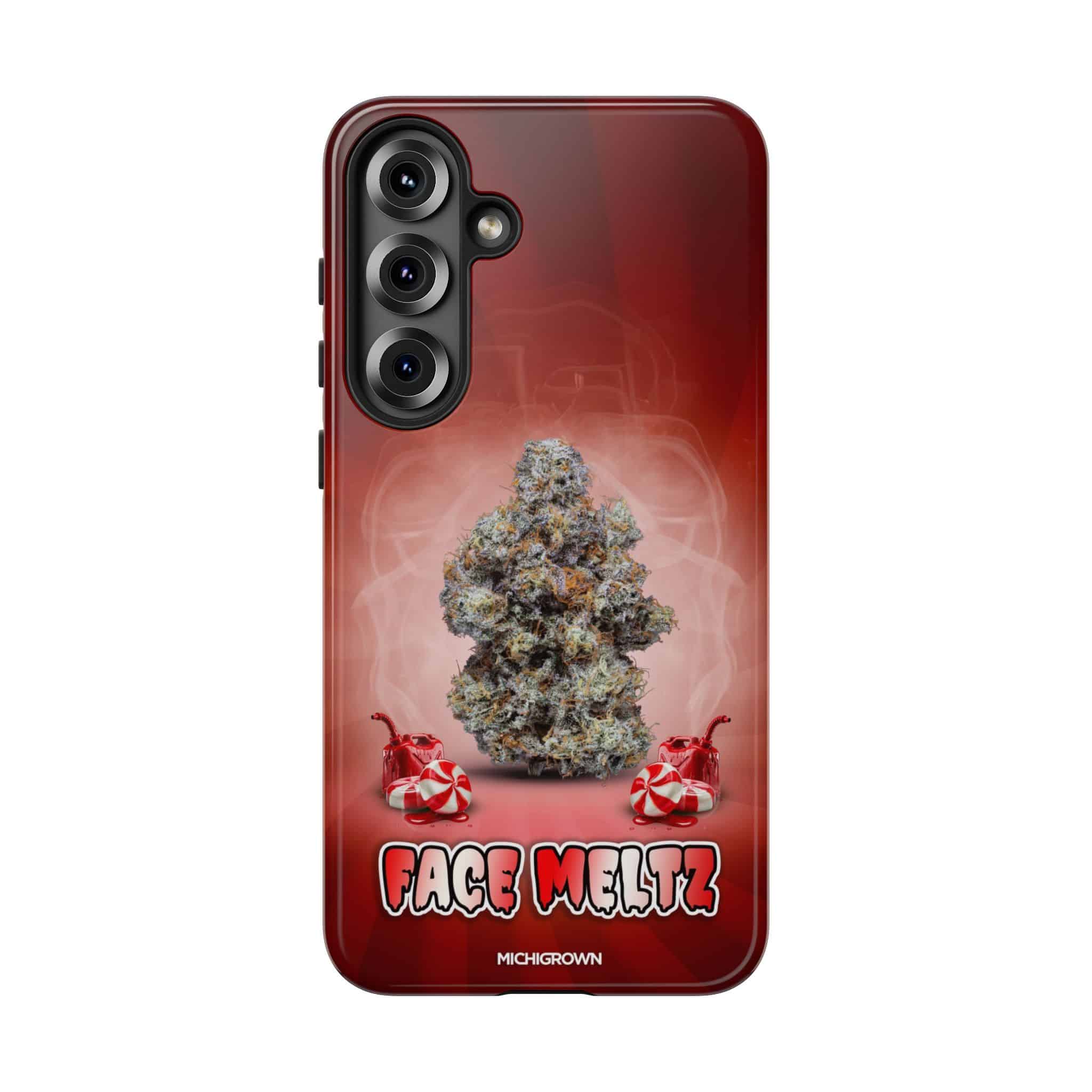Red phone case with cannabis bud and Face Meltz logo for Michigrown.